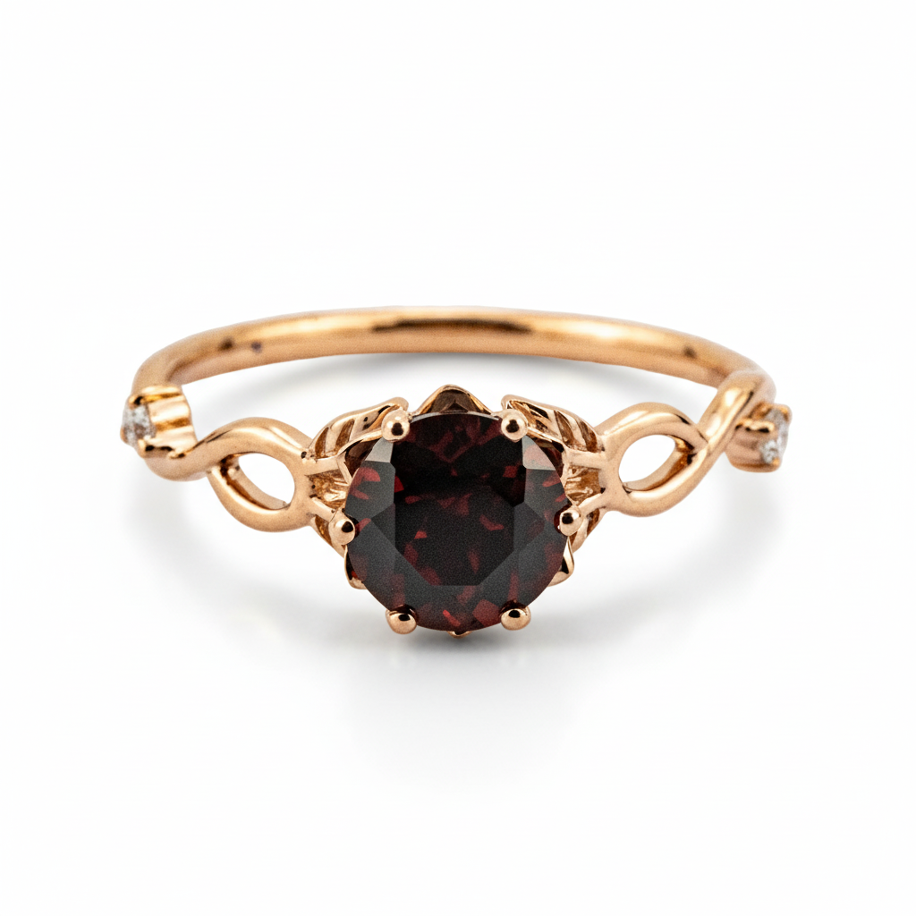 Round Cut Red Garnet Leaf Ring.