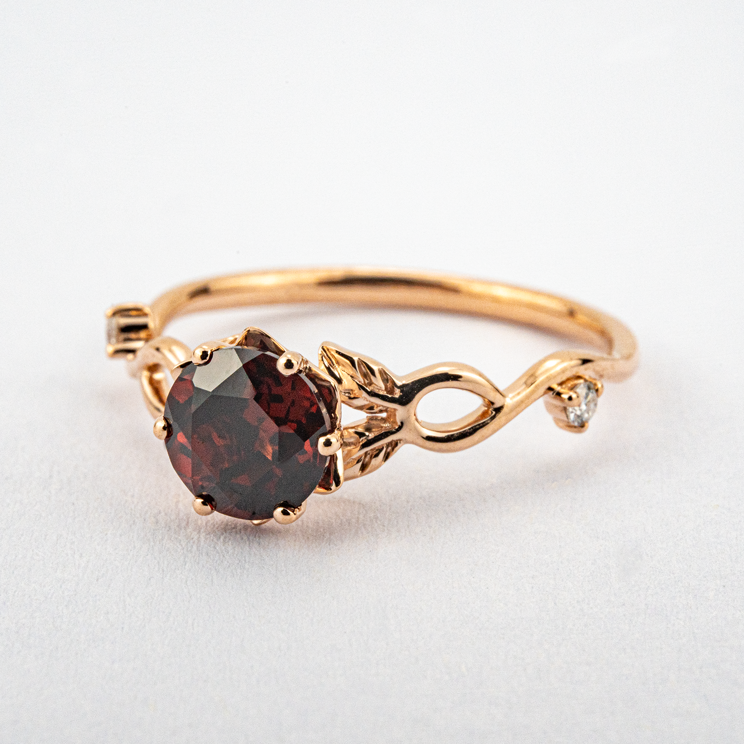 Round Cut Red Garnet Leaf Ring.