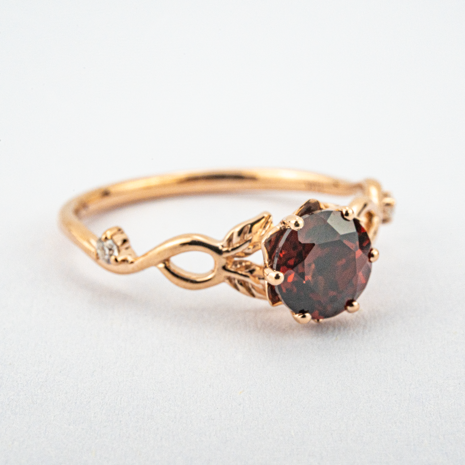 Round Cut Red Garnet Leaf Ring.