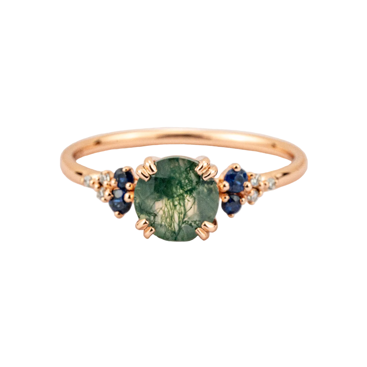 Front view of Round Moss Agate Ring in Gold