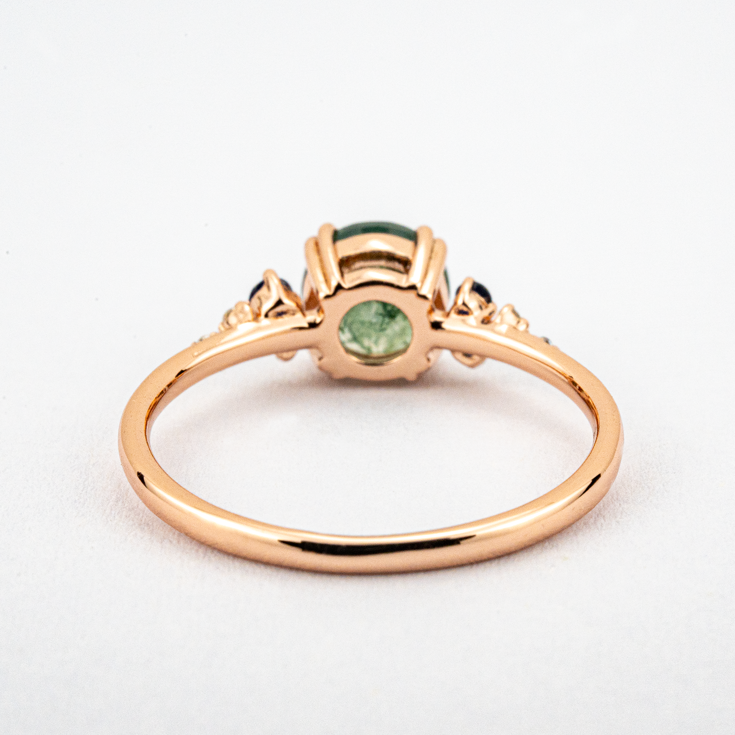 Round Moss Agate Ring with Sapphires, Classic Design, Rose gold rings - Elegant Jewelry for Women