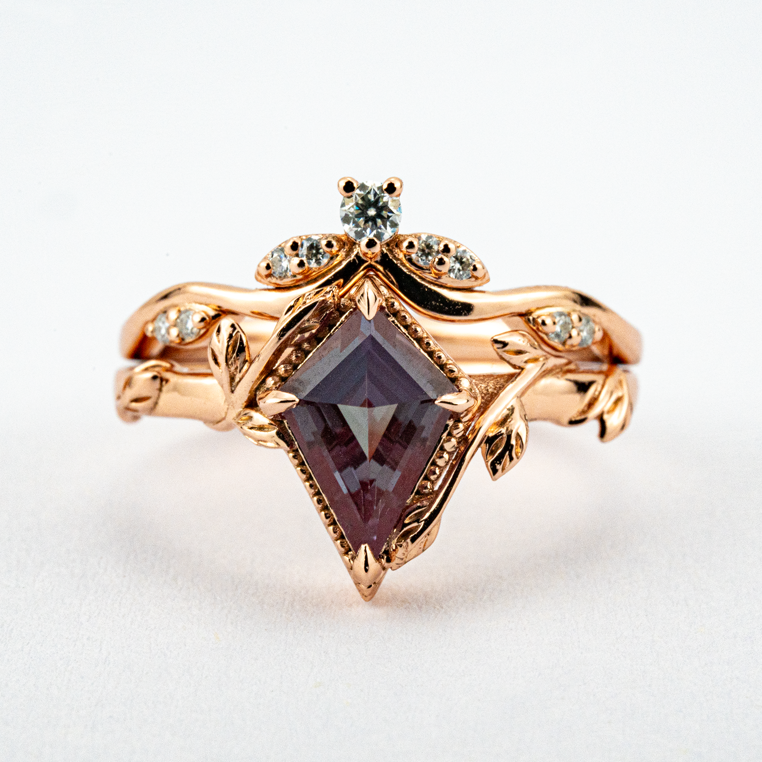 Kite Cut Alexander Engagement Leaf Ring Set Nature Inspired Design With Moissanite.