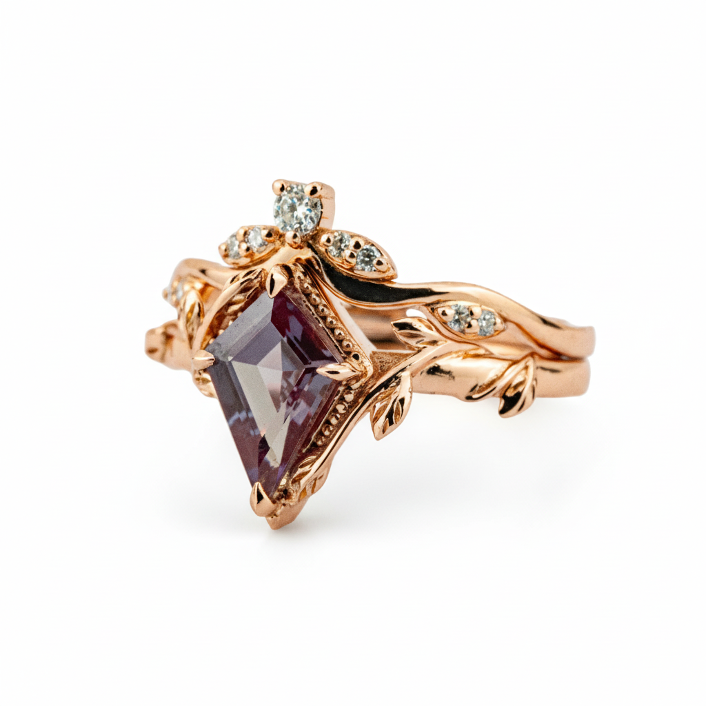 Kite Cut Alexander Engagement Leaf Ring Set Nature Inspired Design With Moissanite.