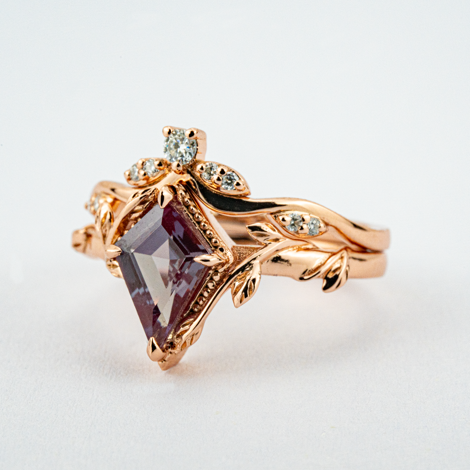 Kite Cut Alexander Engagement Leaf Ring Set Nature Inspired Design With Moissanite.