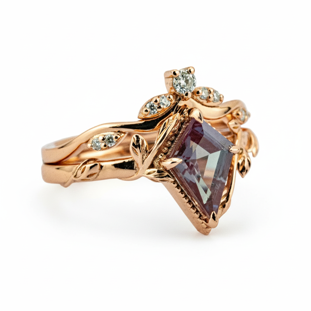 Kite Cut Alexander Engagement Leaf Ring Set Nature Inspired Design With Moissanite.