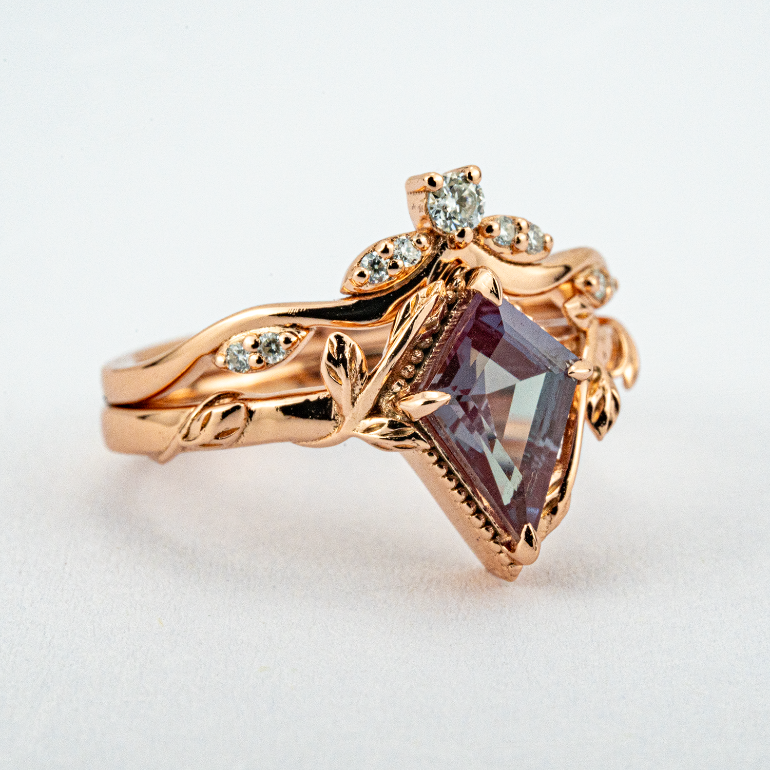 Kite Cut Alexander Engagement Leaf Ring Set Nature Inspired Design With Moissanite.