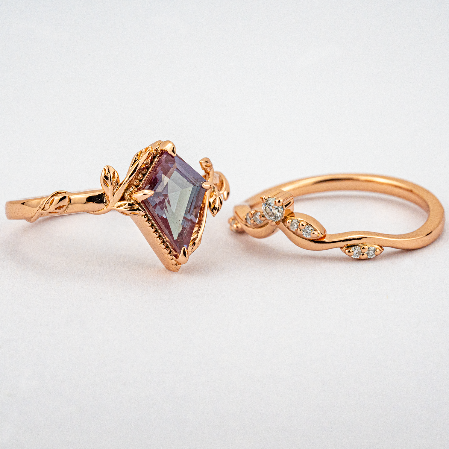 Kite Cut Alexander Engagement Leaf Ring Set Nature Inspired Design With Moissanite.