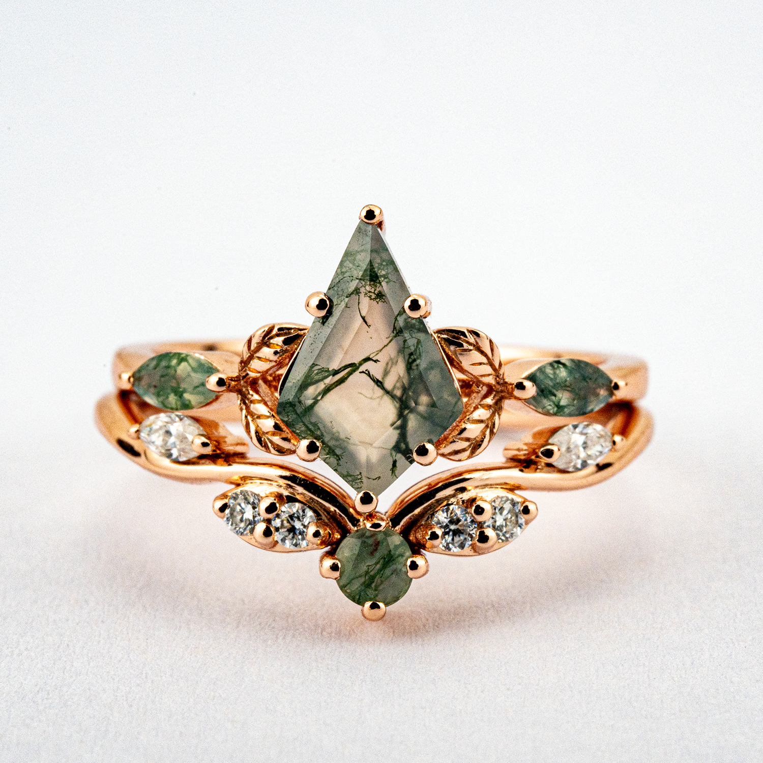 Leaf Ring Set with Nature Inspired Design, Kite Moss Agate Gemstone, Moissanite Accent - SEO optimized jewelry