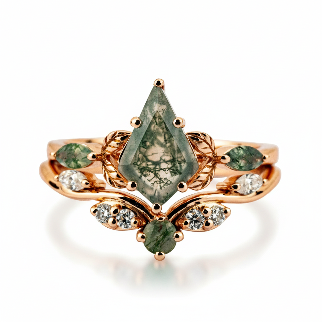 Front view of Kite Cut Moss Agate Ring Set in Gold