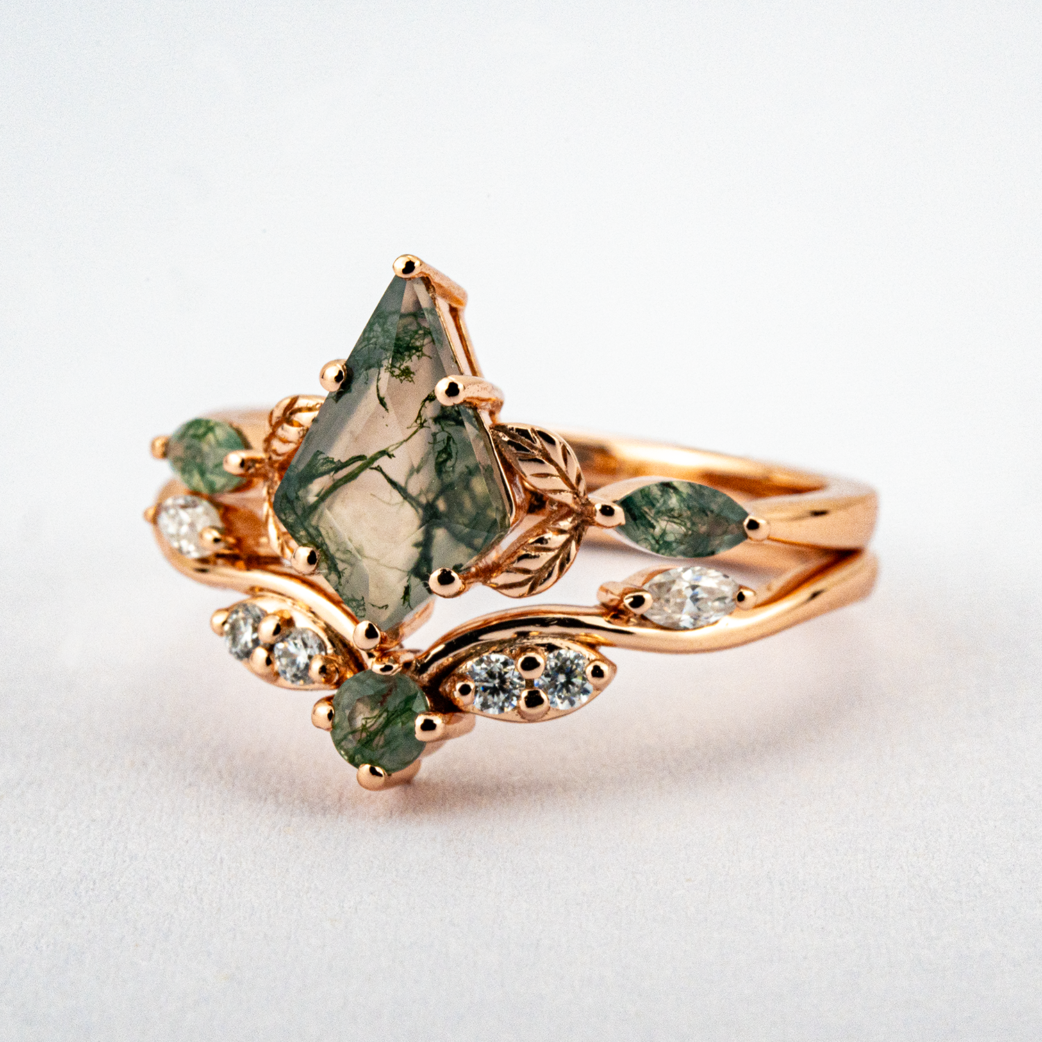 Leaf Ring Set with Nature Inspired Design, Kite Moss Agate Gemstone, Moissanite Accent - SEO optimized jewelry