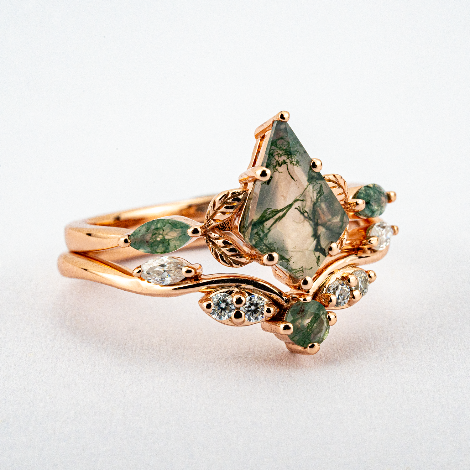 Leaf Ring Set with Nature Inspired Design, Kite Moss Agate Gemstone, Moissanite Accent - SEO optimized jewelry