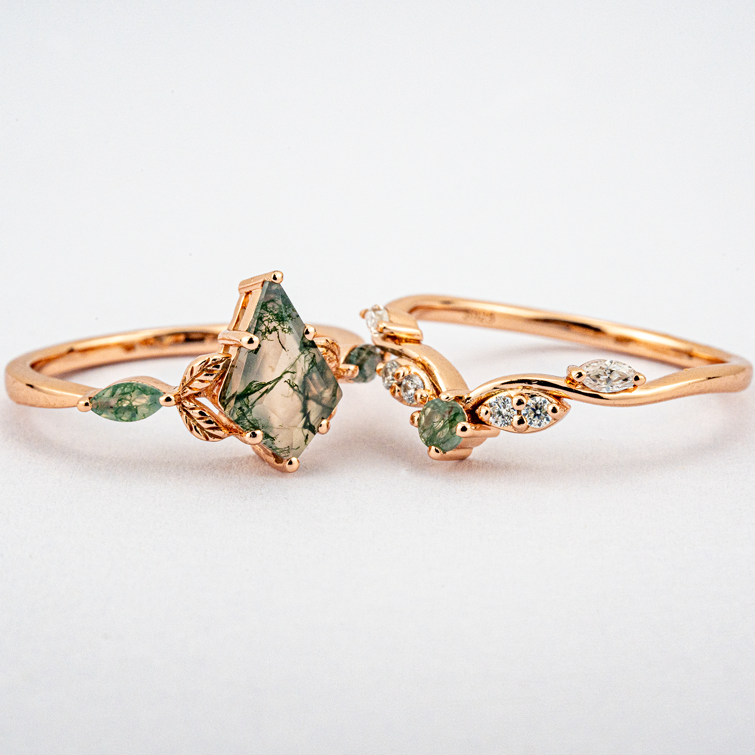 Leaf Ring Set with Nature Inspired Design, Kite Moss Agate Gemstone, Moissanite Accent - SEO optimized jewelry