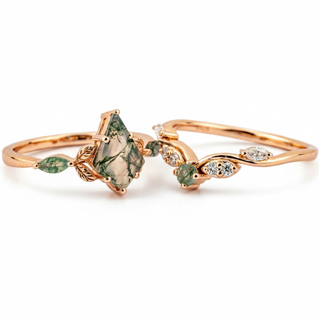 Product view of Kite Cut Moss Agate Ring Set in Gold