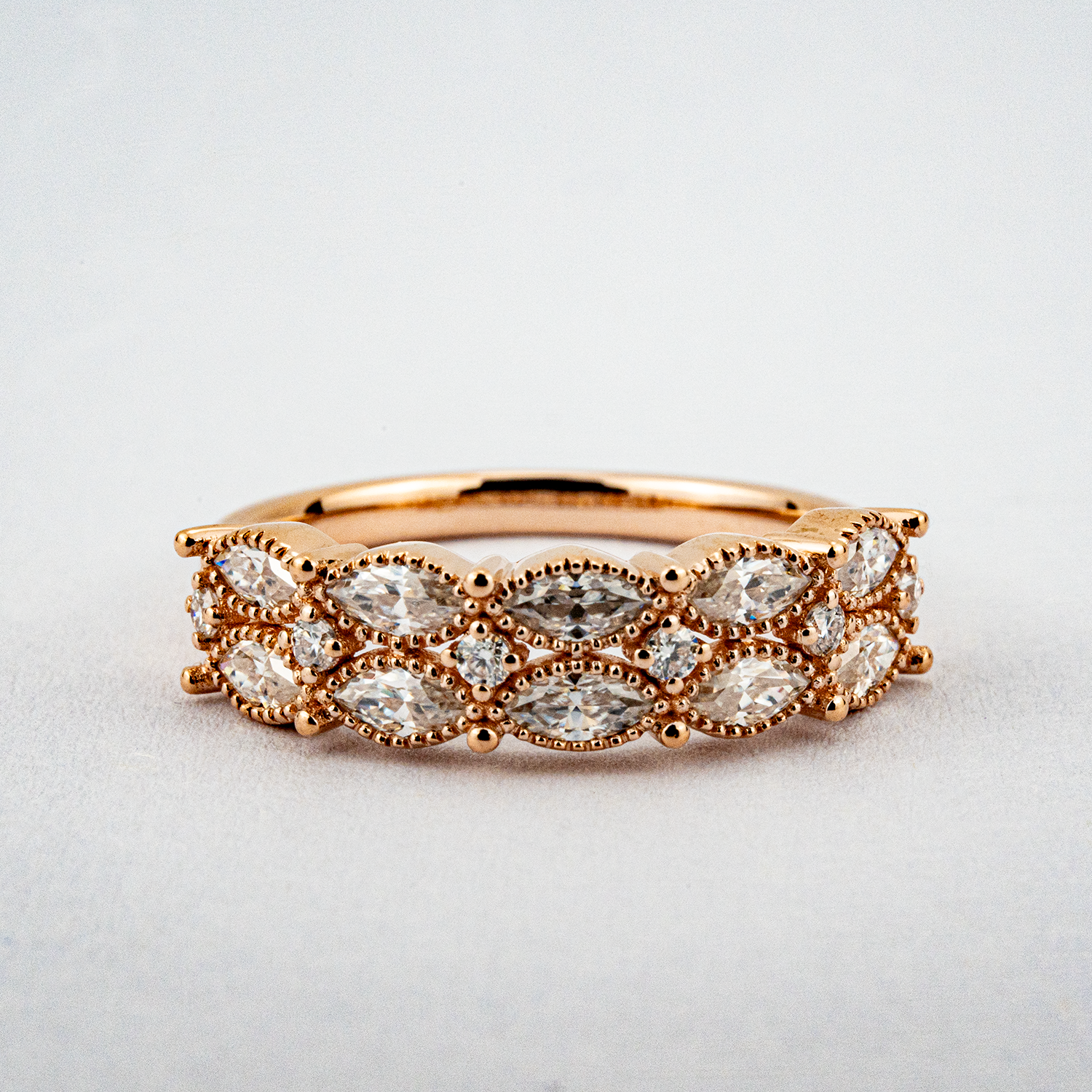 Minimalism-inspired marquise moissanite ring with elegant rose gold band for engagement