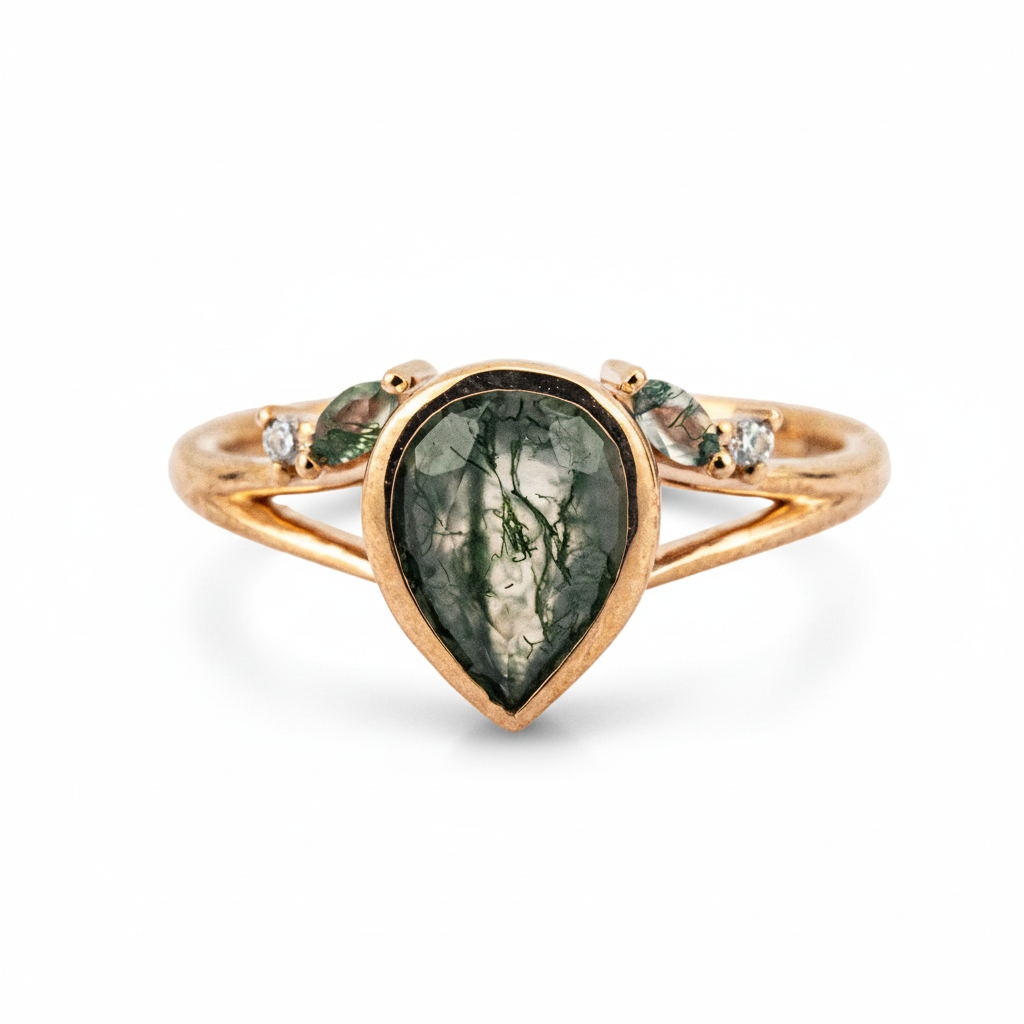 Front view of Pear Moss Agate Ring in Gold