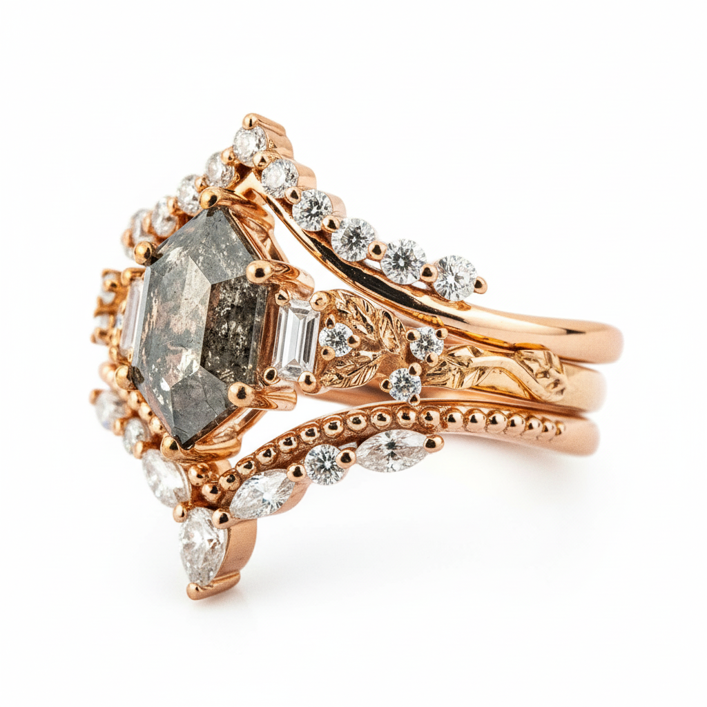 Product view of Long Hexagon Salt and Pepper Diamond Ring Set in Gold