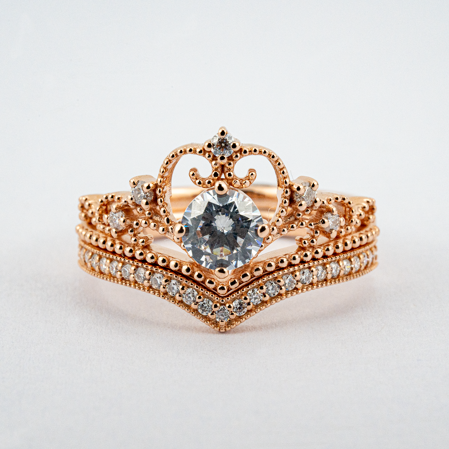 Vintage jewelry Round Cut Moissanite Crown Engagement Ring Set Art Deco RIng Set