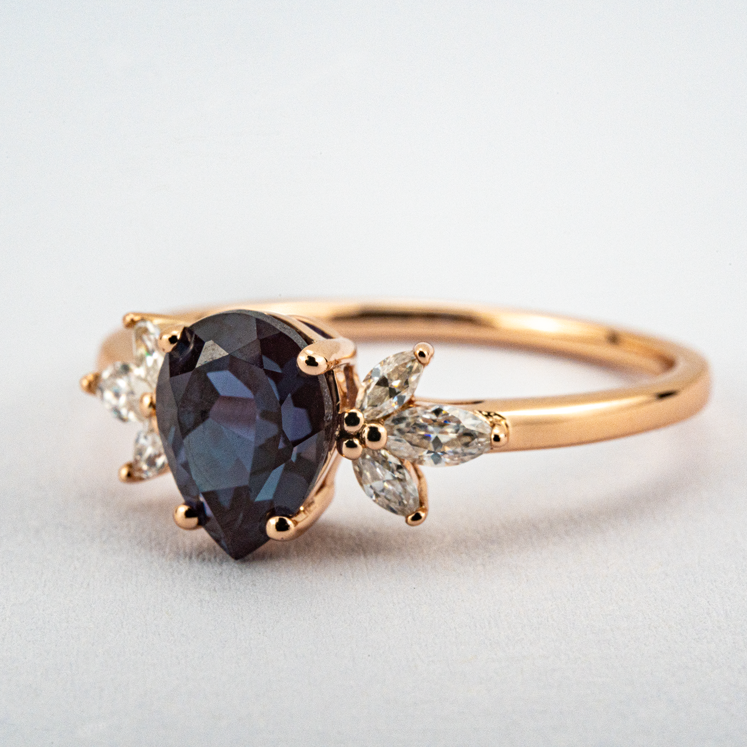 Elegant pear cut Alexandrite ring, the ultimate symbol of love and commitment.