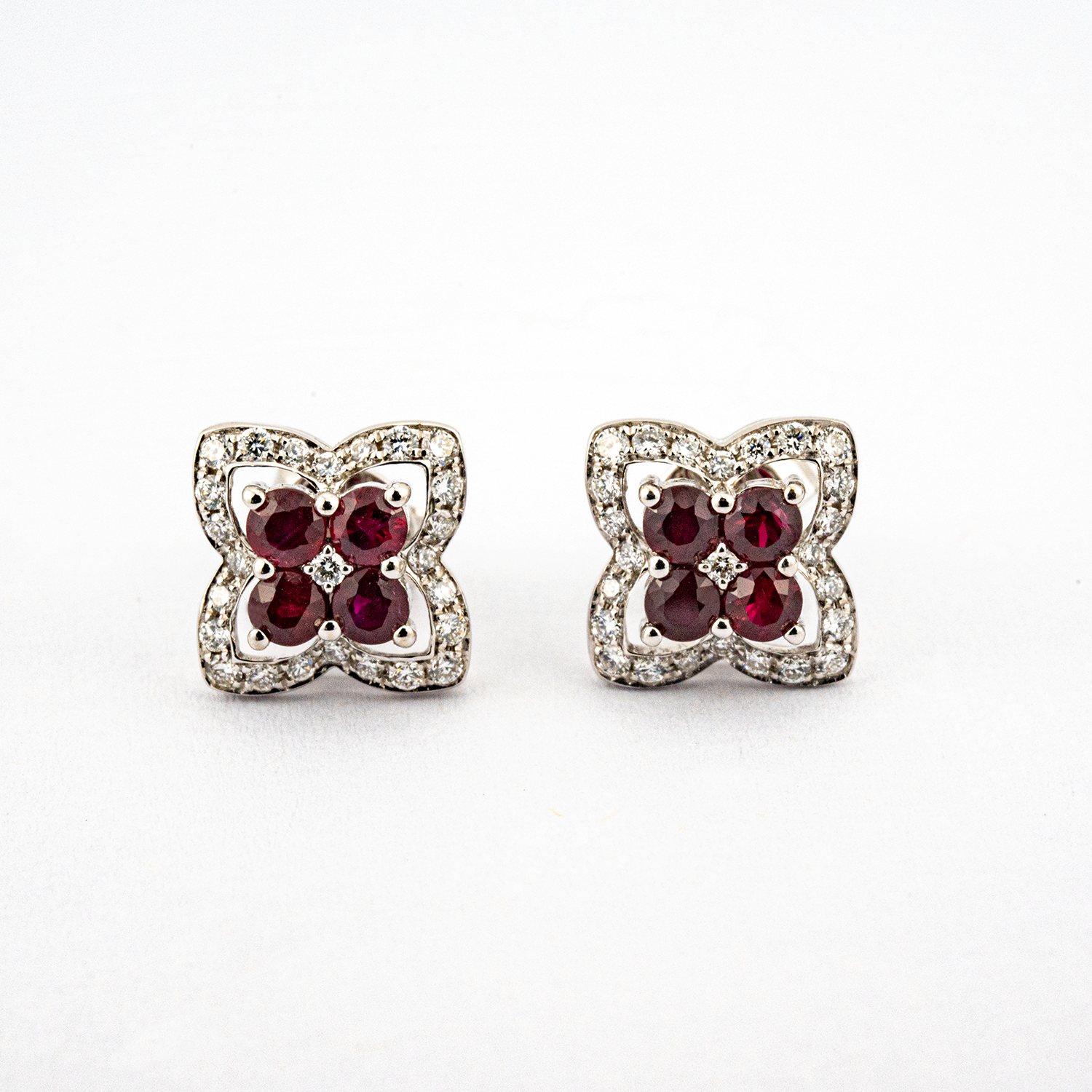 18k White Gold Natural Ruby Diamond Earrings Floarl Earrings