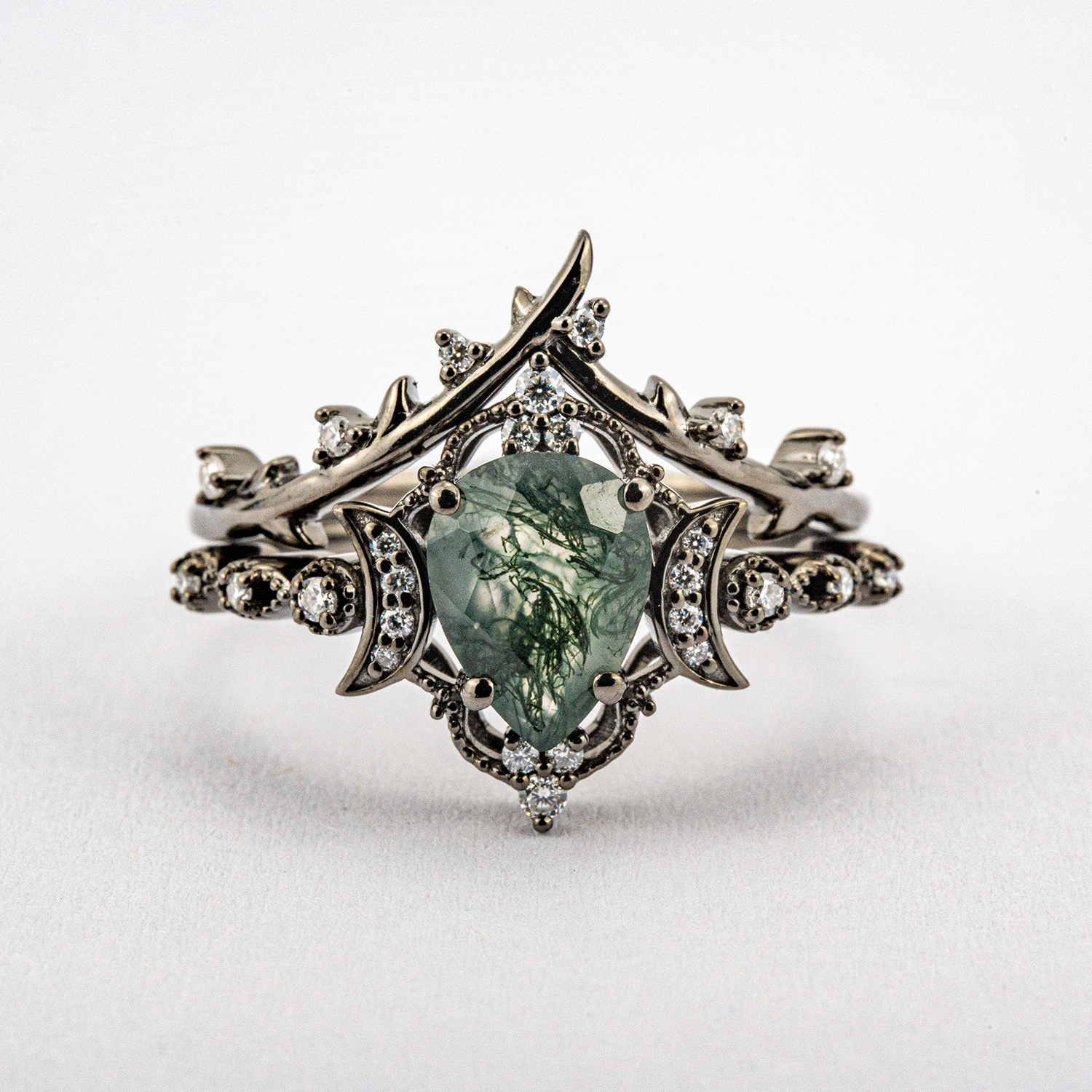 Pear Shape Moissanite Ring Set Nature Inspired Design Leaf Ring