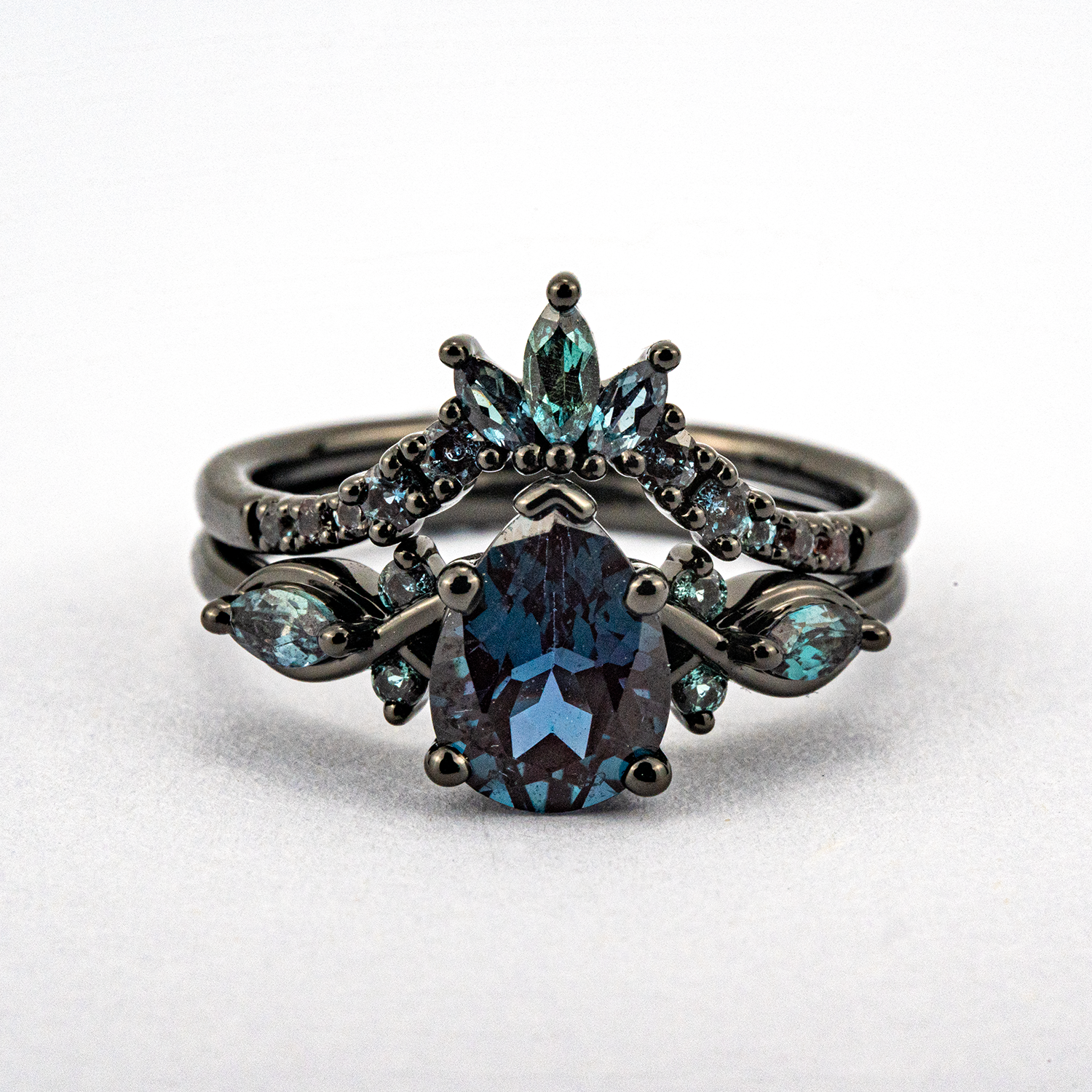 Pear Cut Lab Alexandrite Black Gold Unique Ring Set Black Gold Engagement Ring