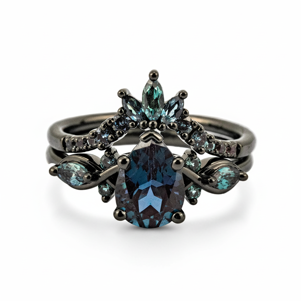 Pear Cut Lab Alexandrite Black Gold Unique Ring Set Black Gold Engagement Ring