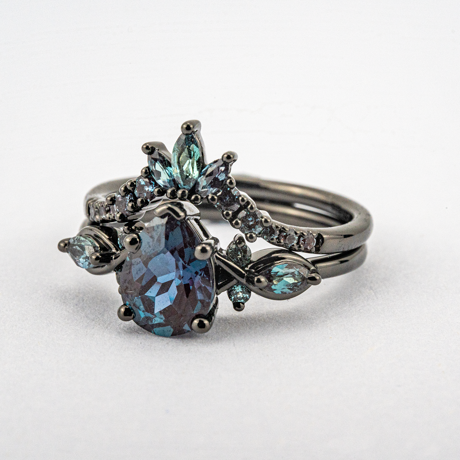 Pear Cut Lab Alexandrite Black Gold Unique Ring Set Black Gold Engagement Ring