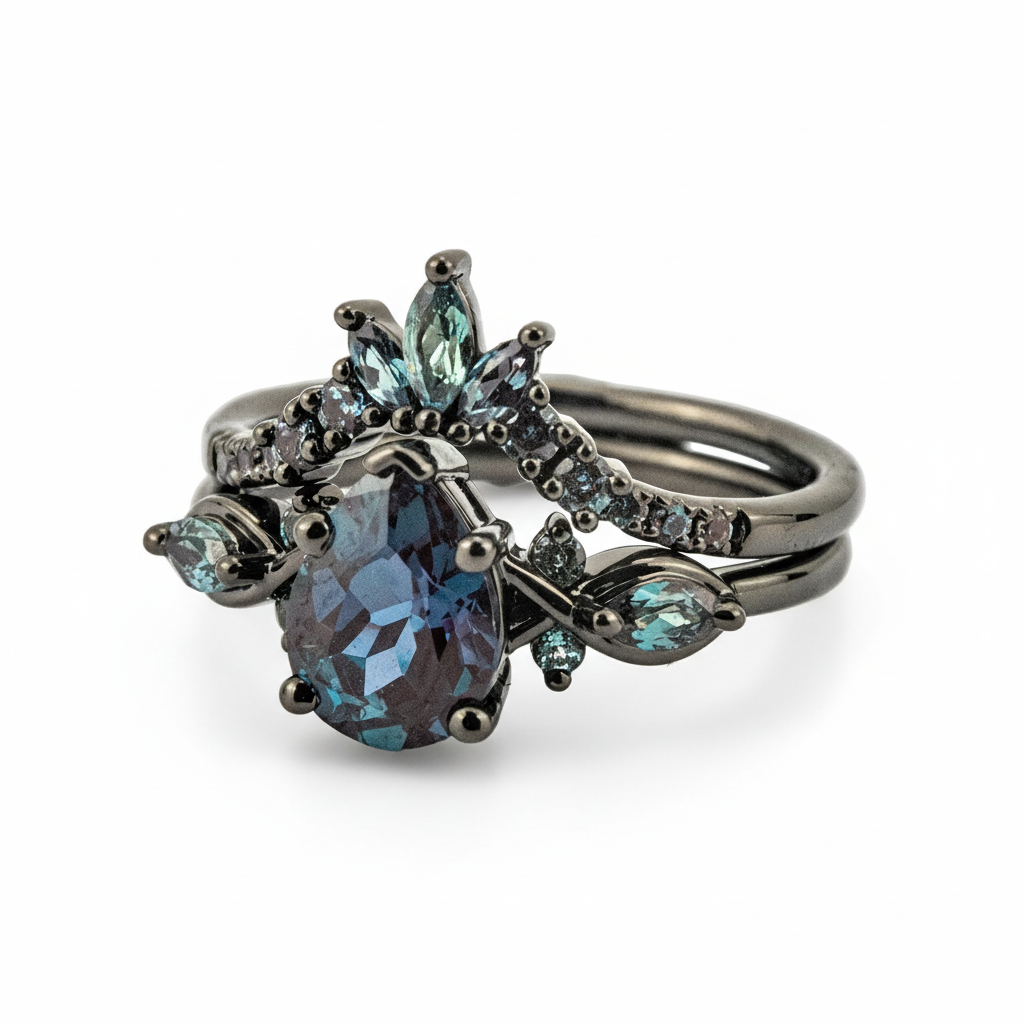 Product view of Pear Alexandrite Ring Set in Black Gold