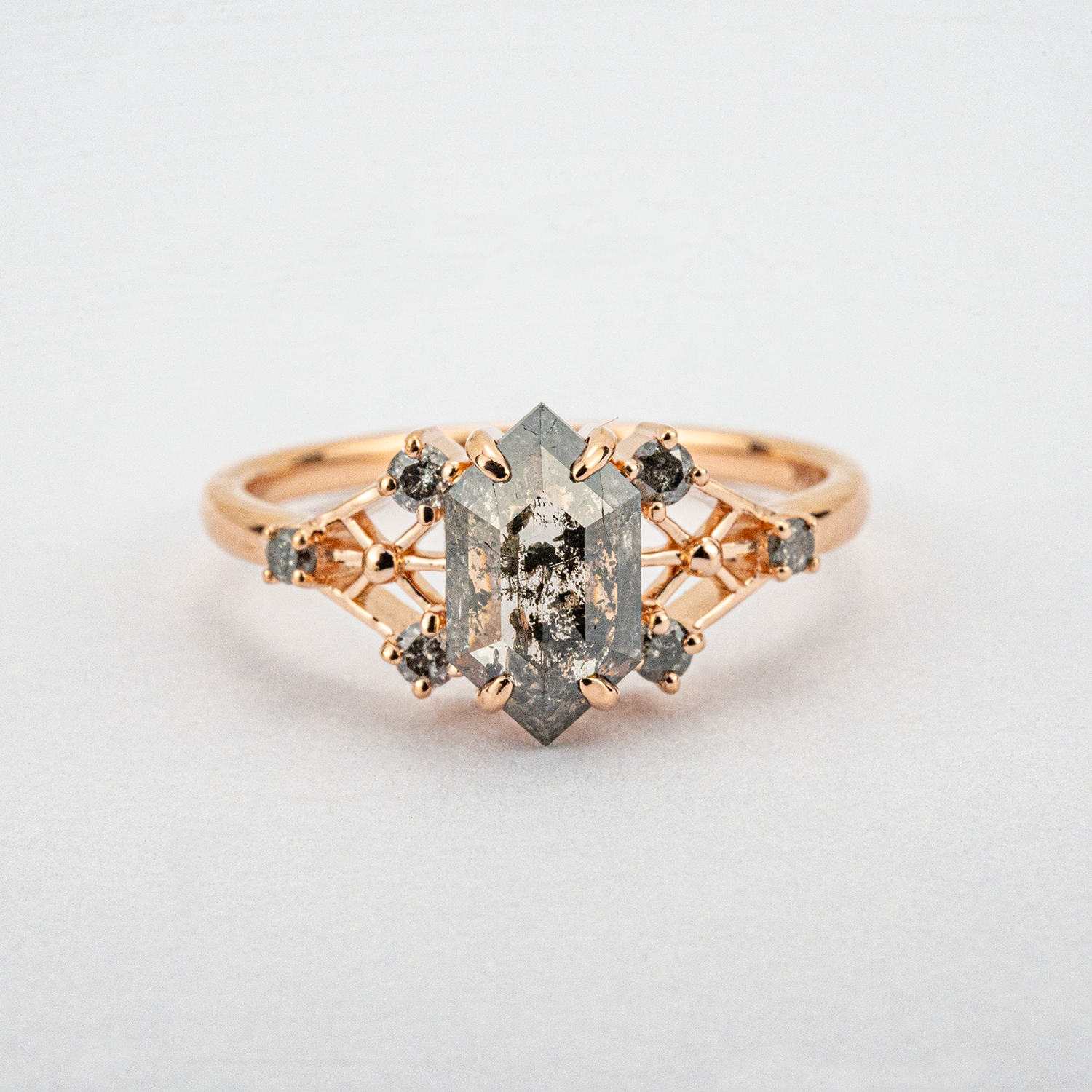 1 Carat Long Hexagonal Salt and Pepper Diamond Engagement Ring Personalized Engagement Rings