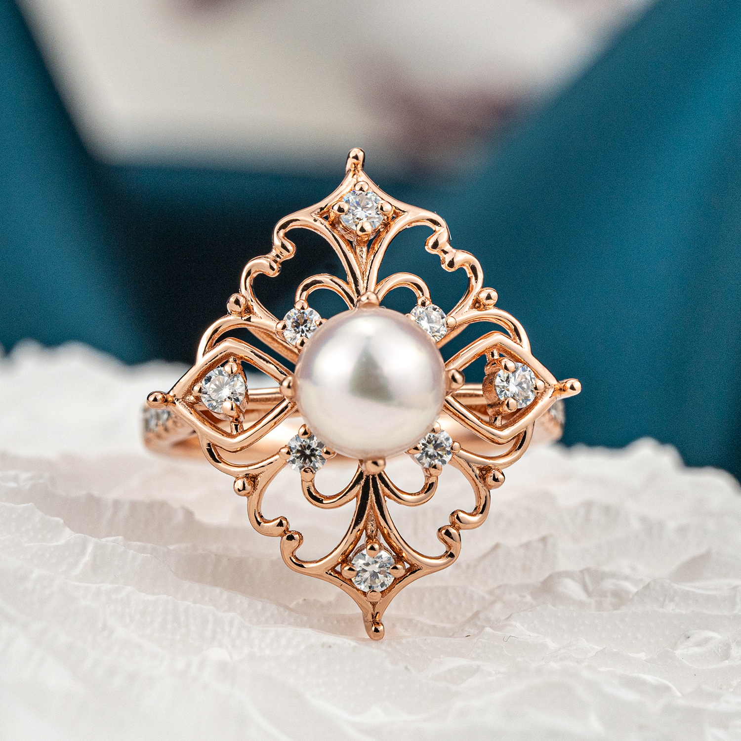 Elegant pearl and moissanite engagement ring for a luxurious occasion