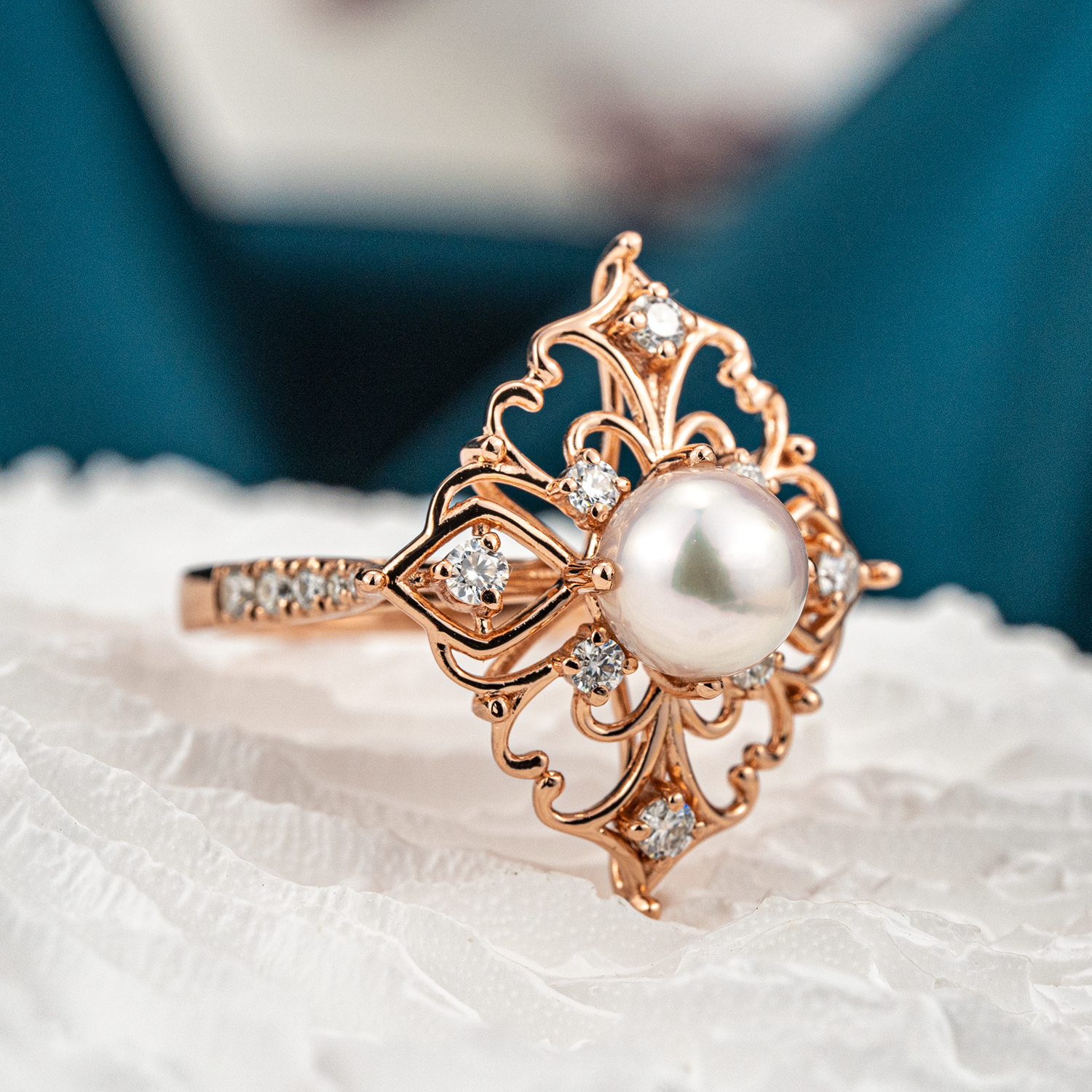 Elegant pearl and moissanite engagement ring for a luxurious occasion