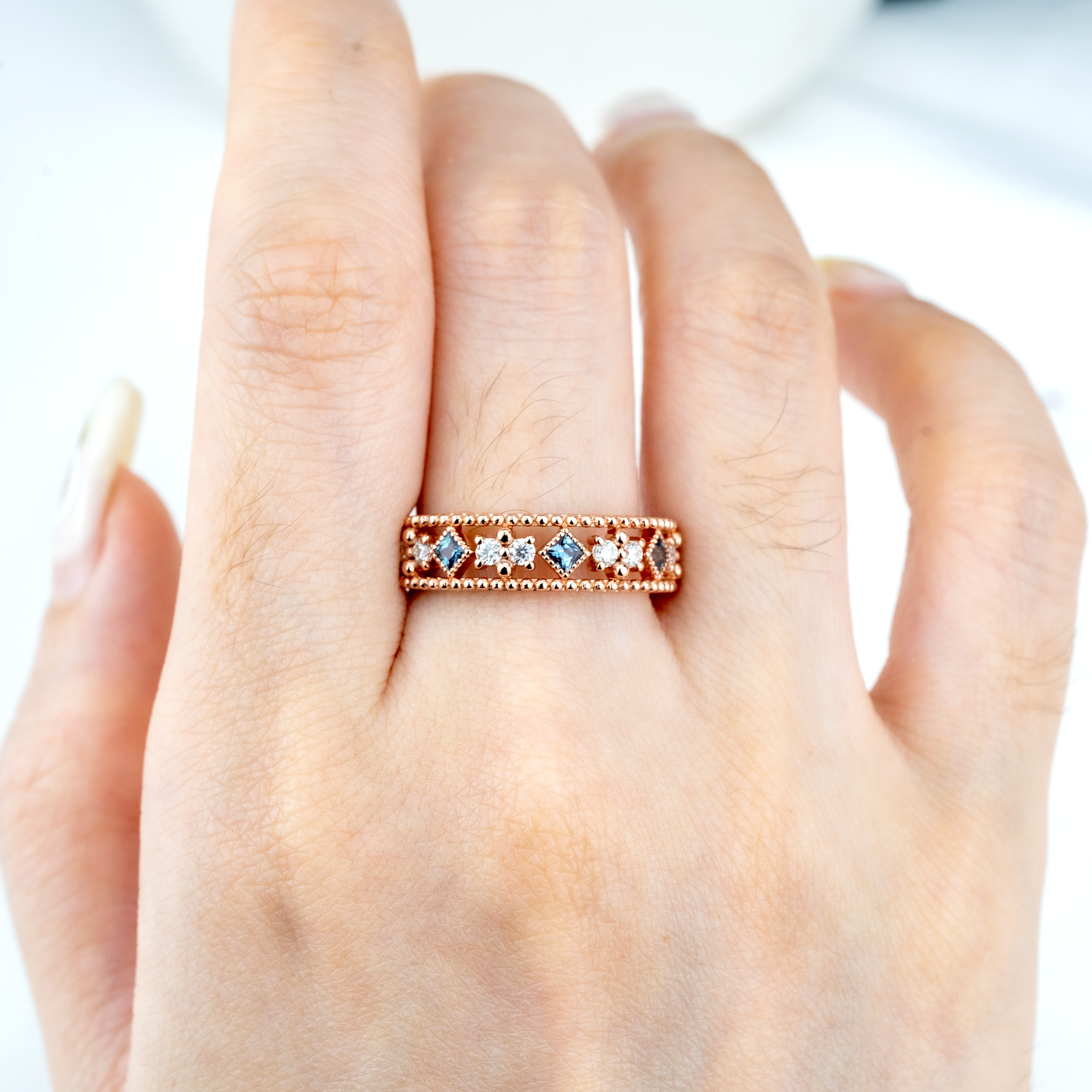 Lab Alexandrite and Moissanite Gold Engagement Band.