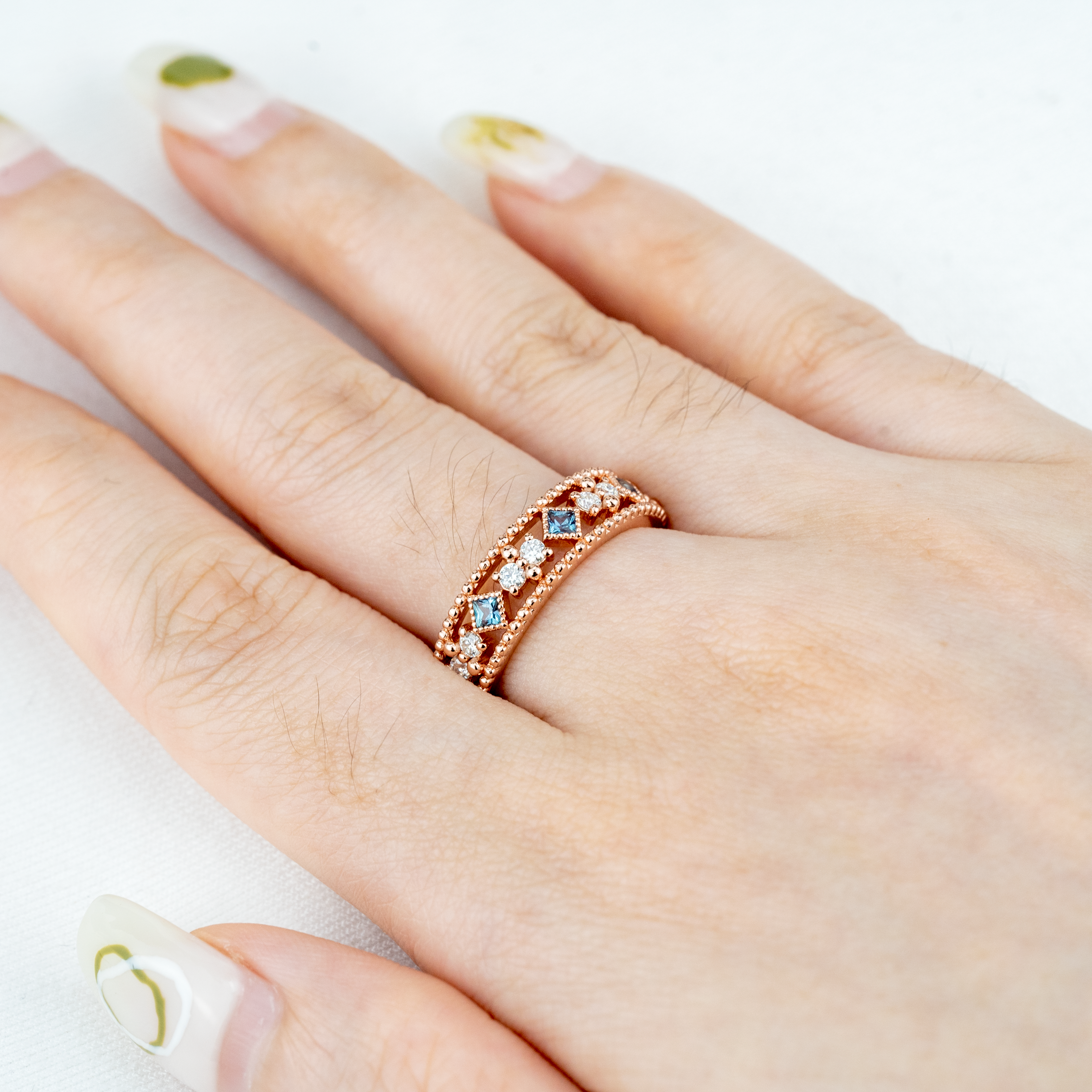 Lab Alexandrite and Moissanite Gold Engagement Band.