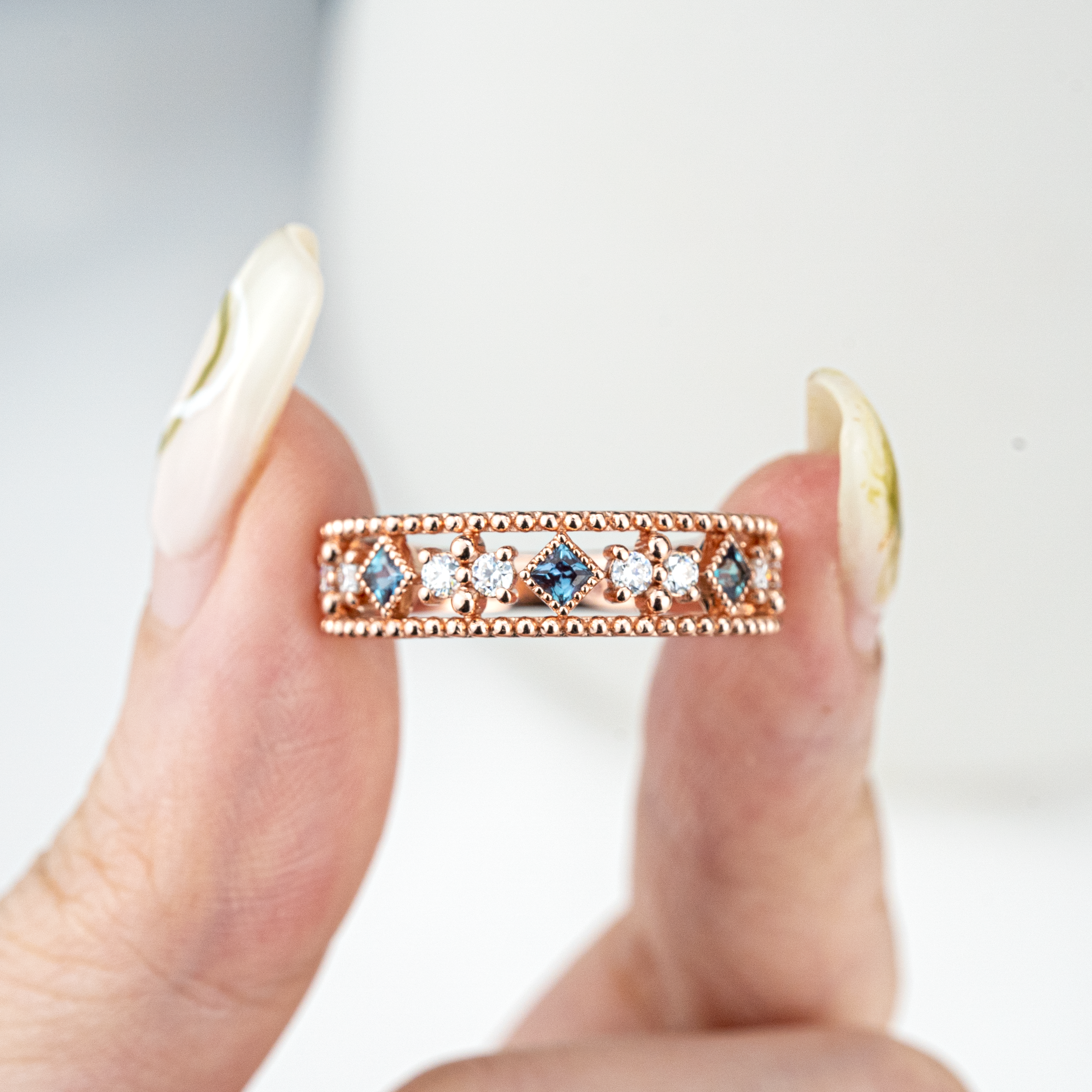 Lab Alexandrite and Moissanite Gold Engagement Band.