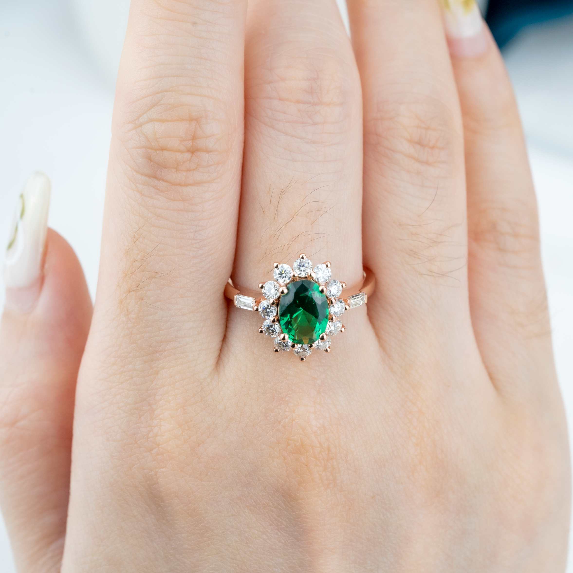 Vintage Oval Emerald Gold Engagement Ring With Moissanite.