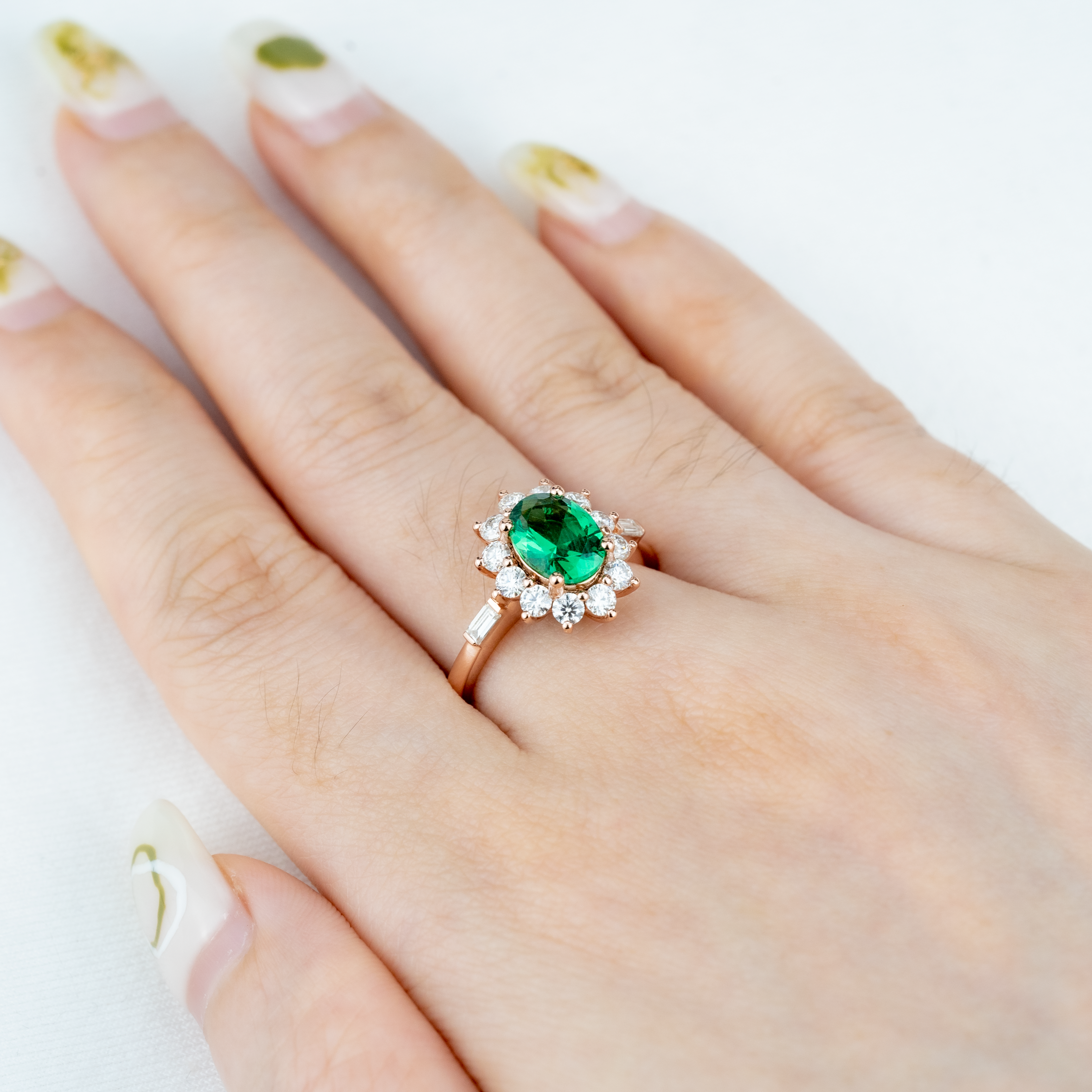 Vintage Oval Emerald Gold Engagement Ring With Moissanite.