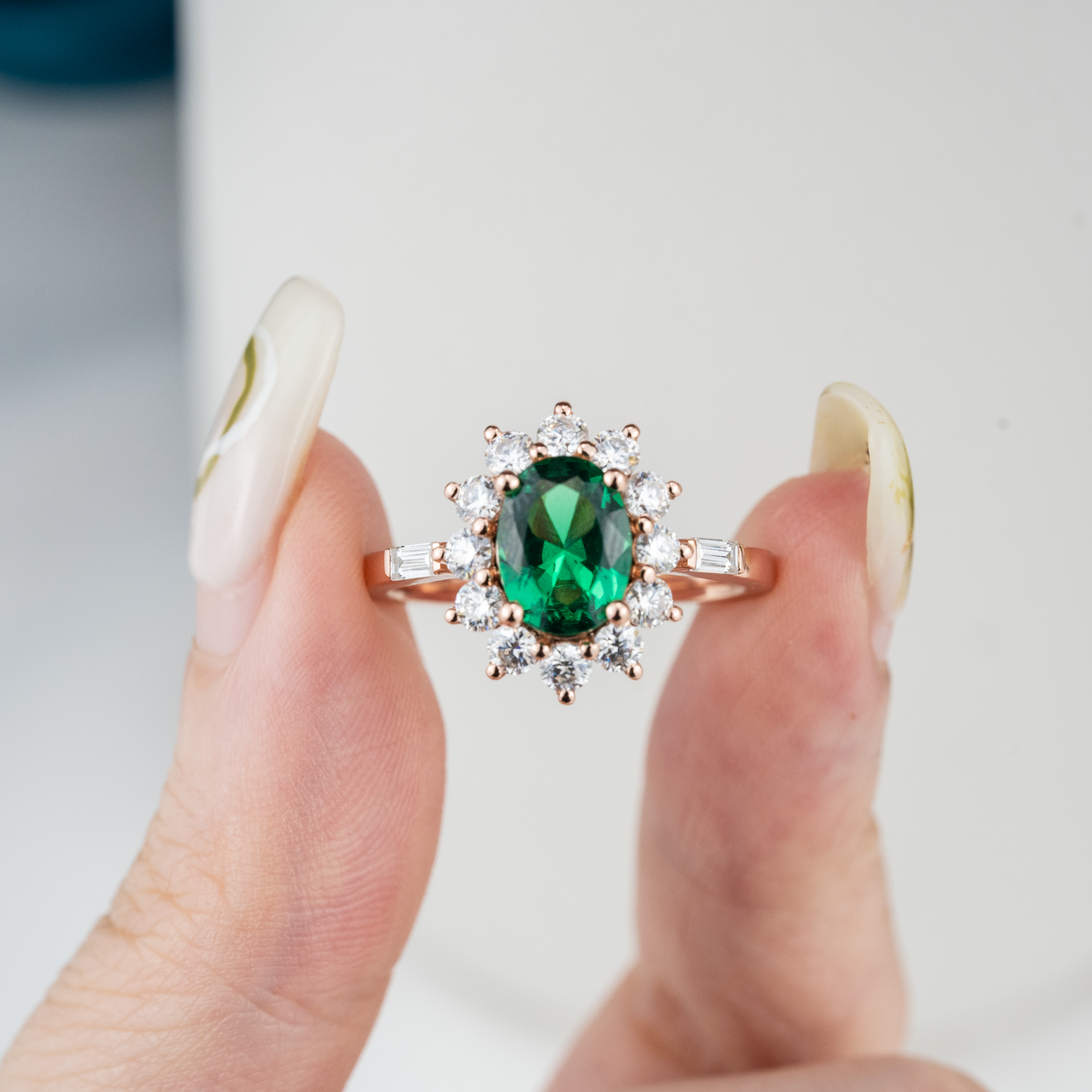 Vintage Oval Emerald Gold Engagement Ring With Moissanite.