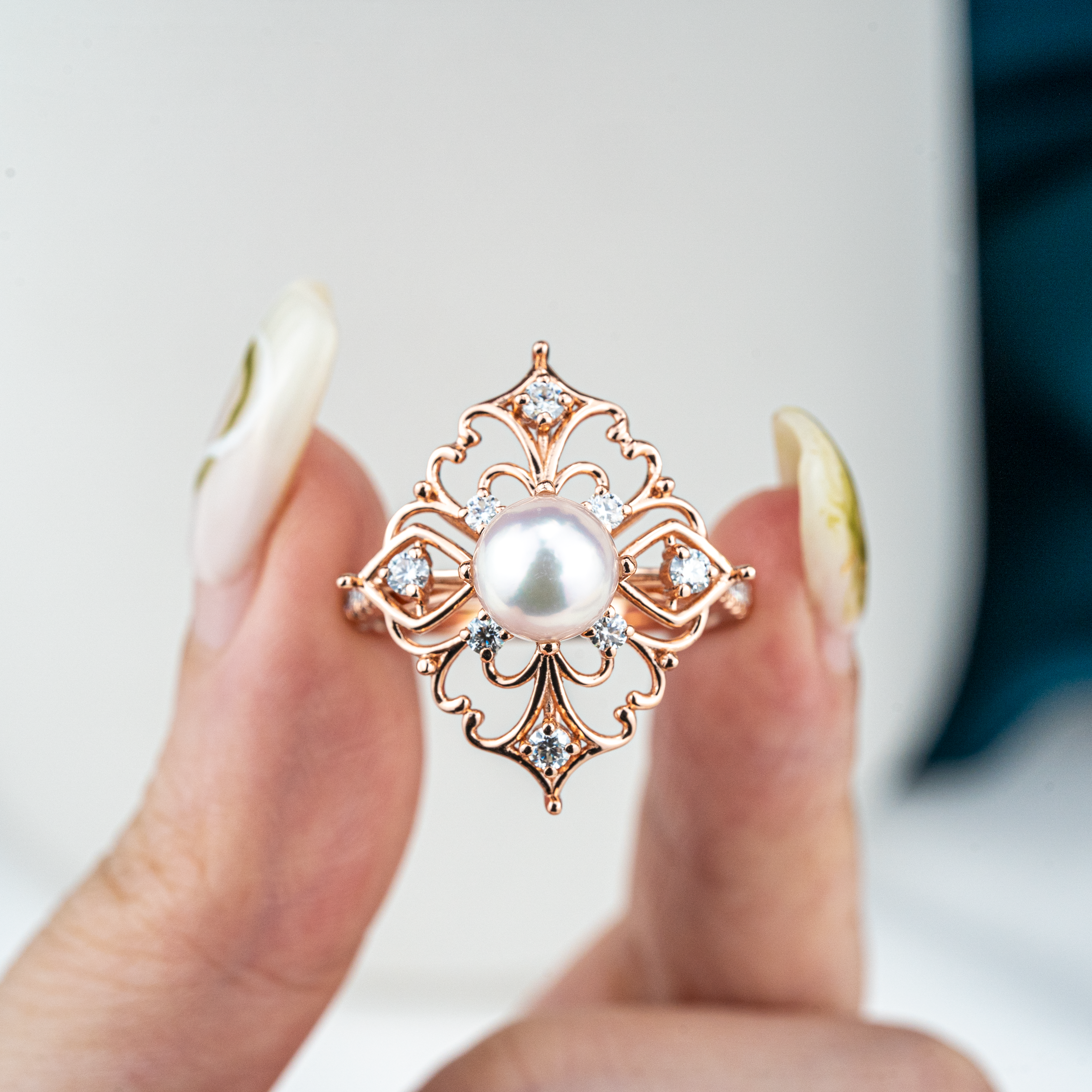 Elegant pearl and moissanite engagement ring for a luxurious occasion