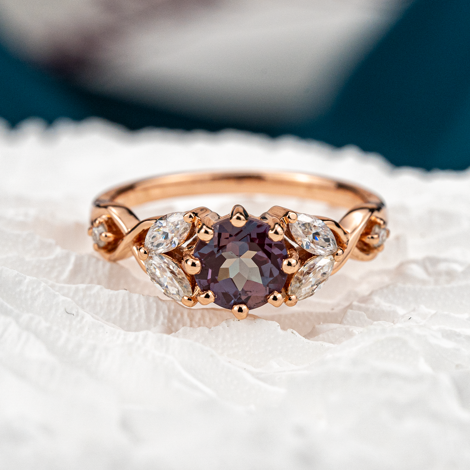 Round Lab Alexandrite Gold Ring With Moissanite.