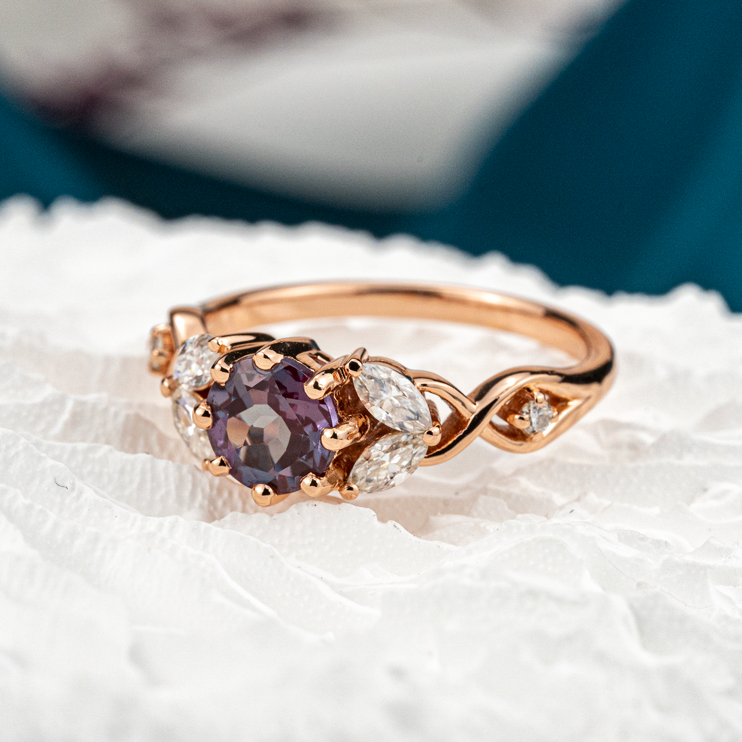 Round Lab Alexandrite Gold Ring With Moissanite.