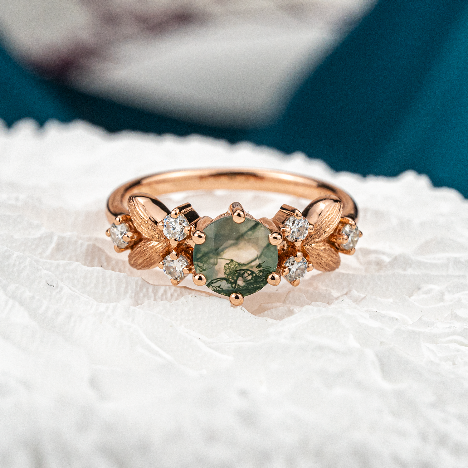 Round Moss Agate Rose Gold Engagement Ring With Moissanite.