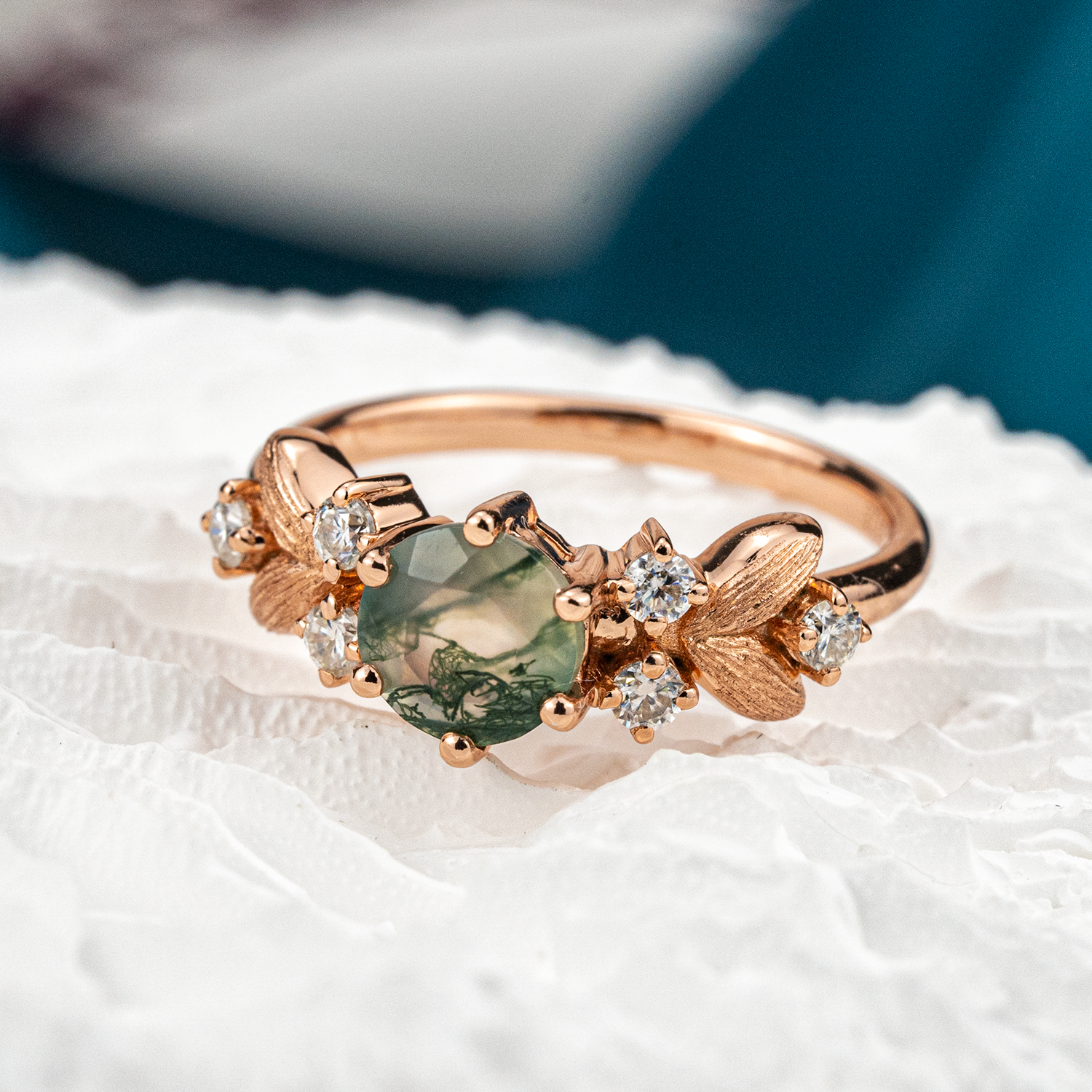 Round Moss Agate Rose Gold Engagement Ring With Moissanite.