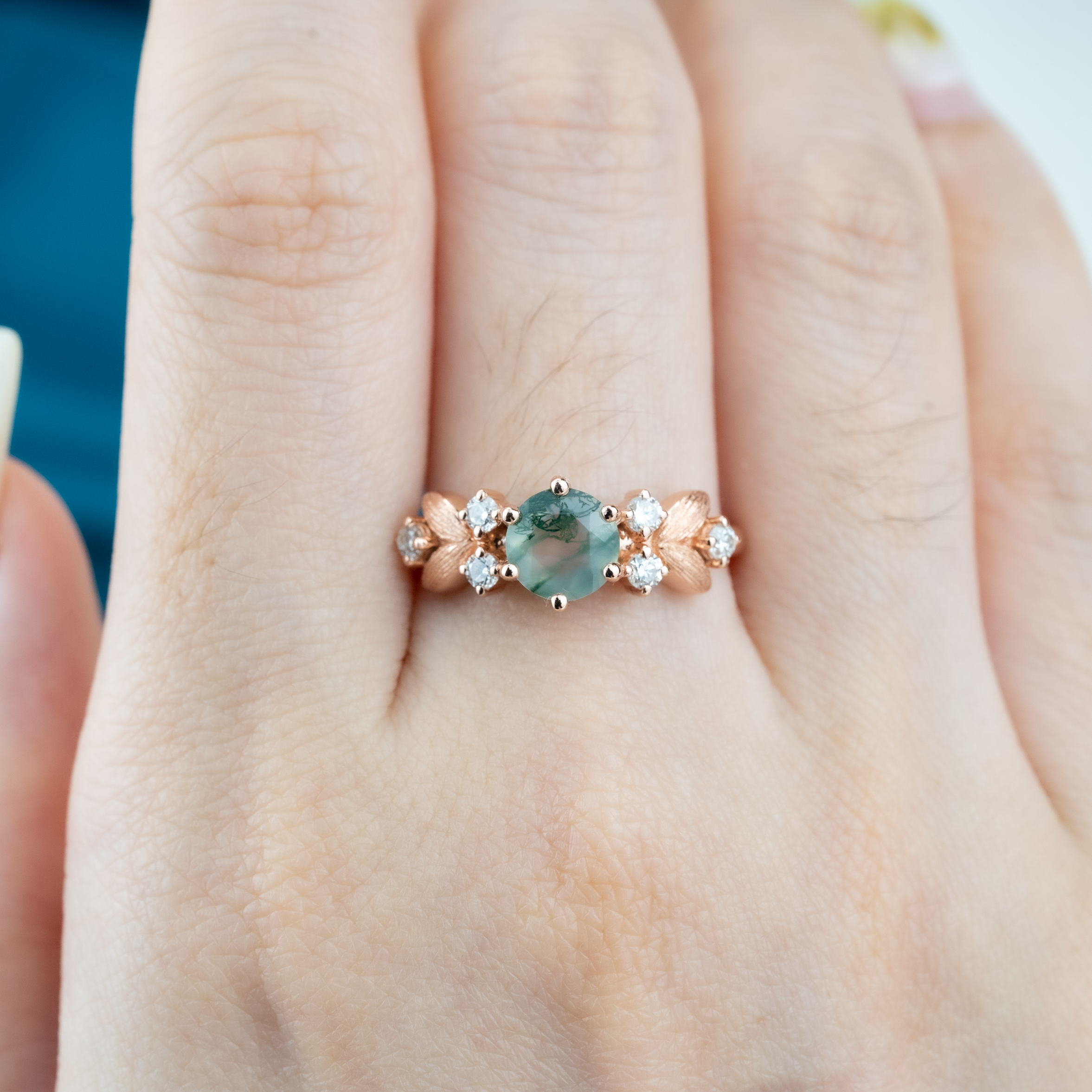 Round Moss Agate Rose Gold Engagement Ring With Moissanite.
