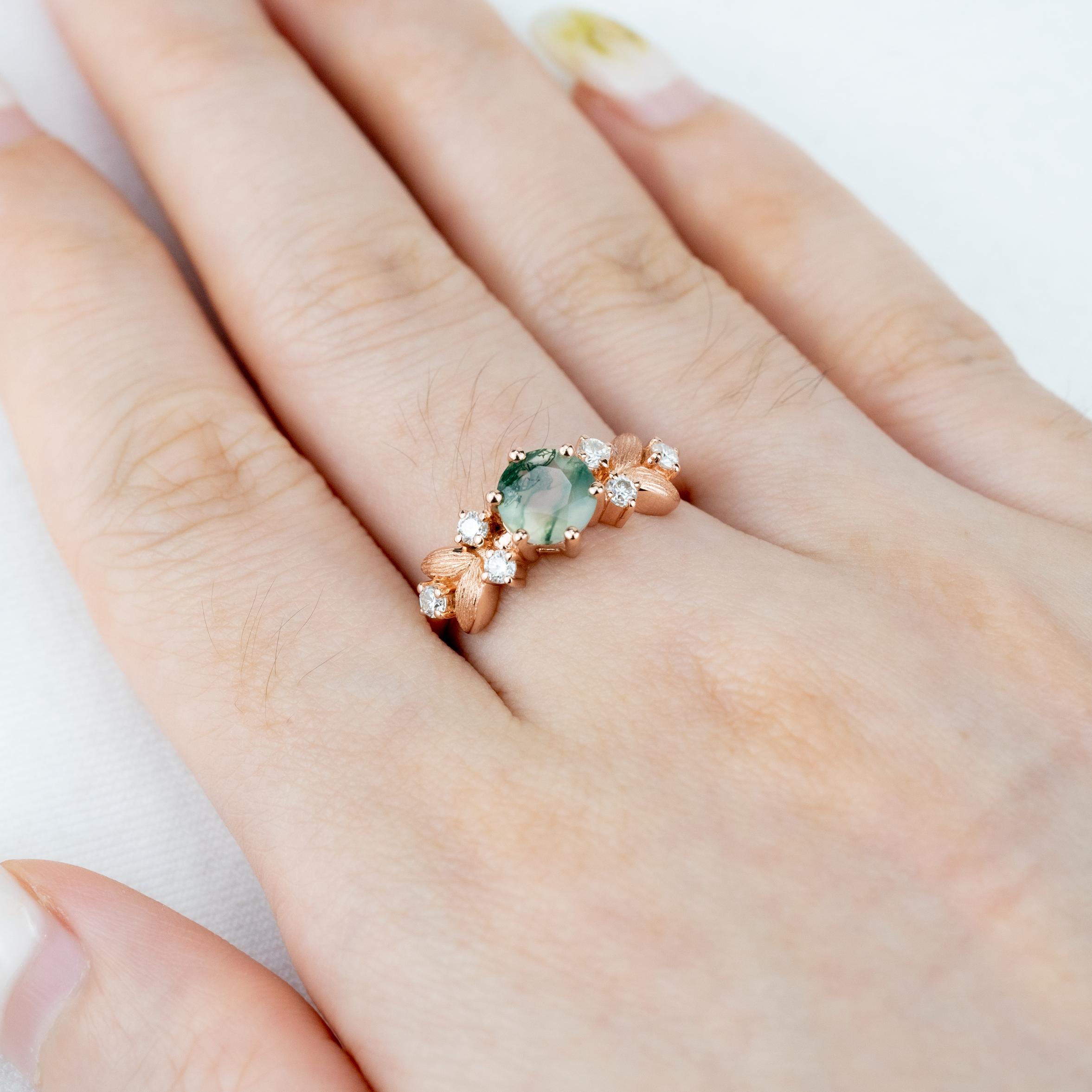 Round Moss Agate Rose Gold Engagement Ring With Moissanite.