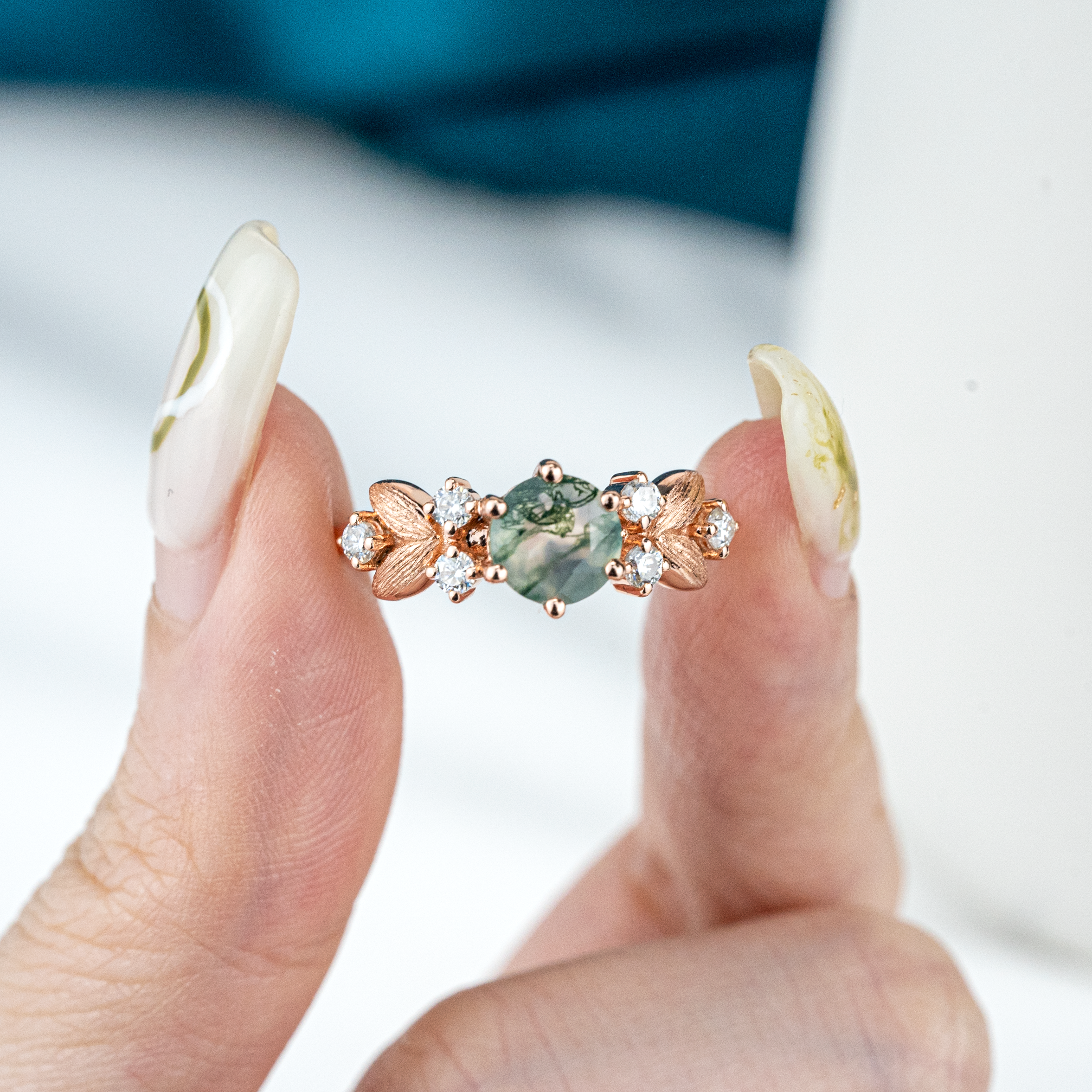 Round Moss Agate Rose Gold Engagement Ring With Moissanite.