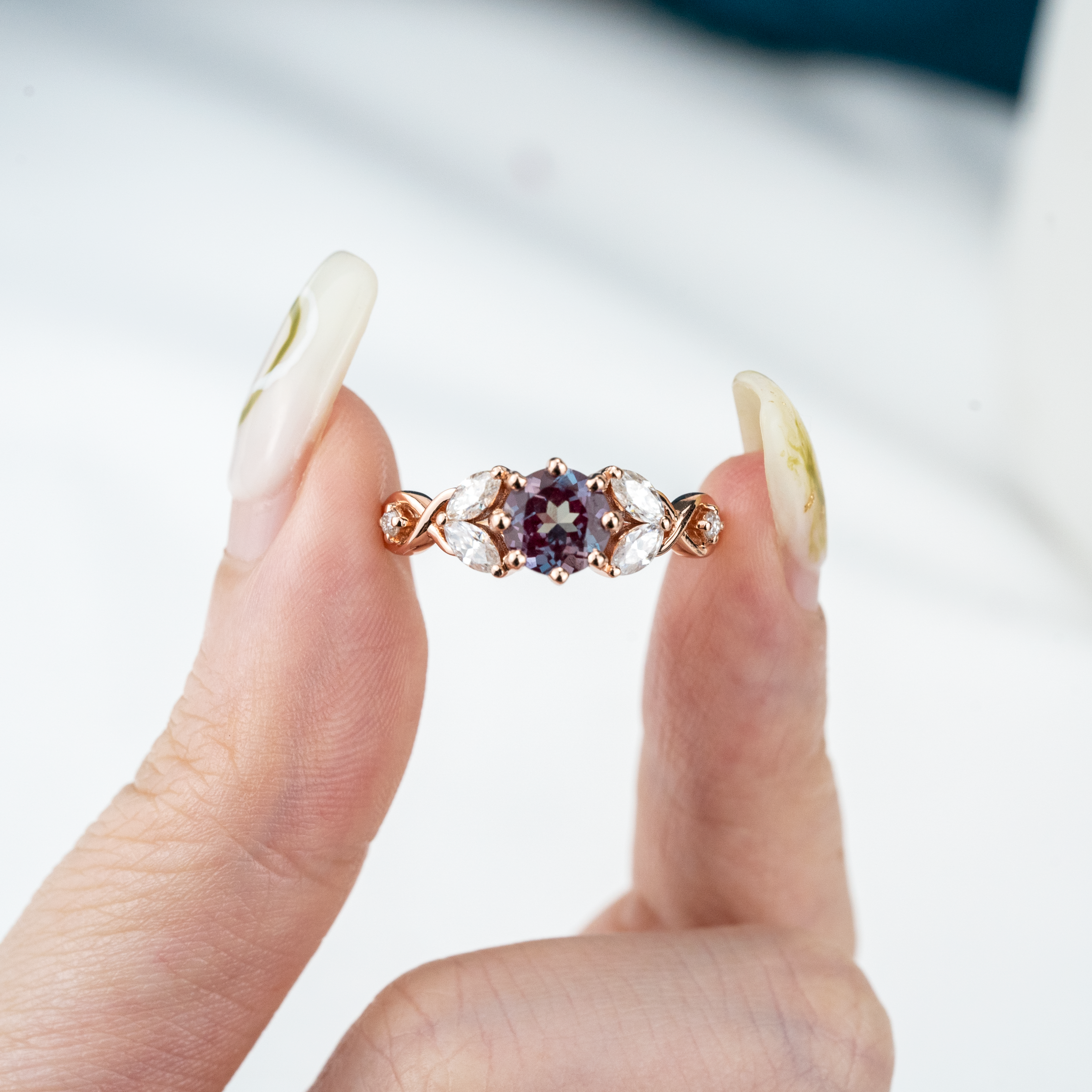 Round Lab Alexandrite Gold Ring With Moissanite.