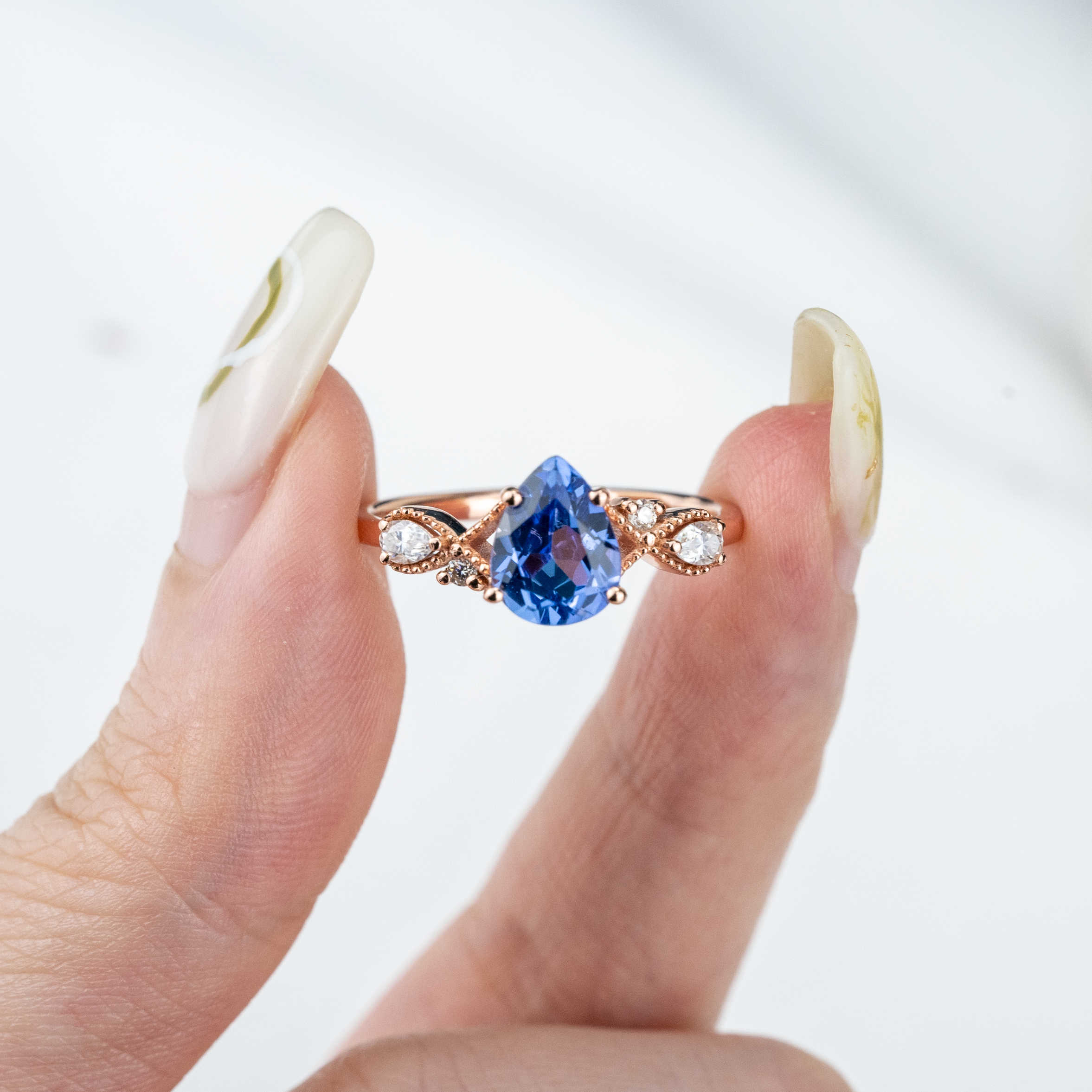 Pear Lab Sapphire Gold Ring With Moissnaite.