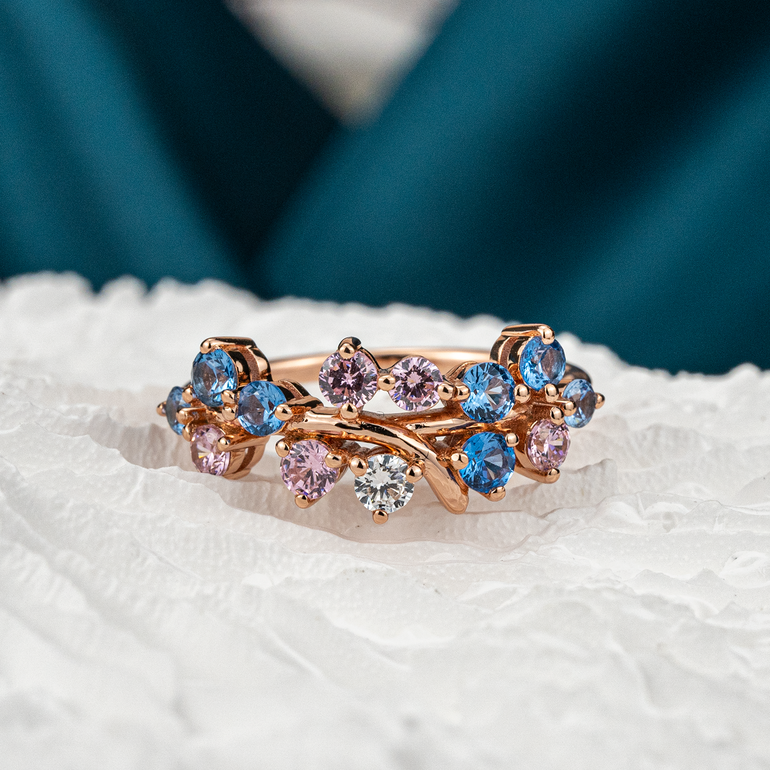Colorful Gemstone Fantasy Engagement Ring With Moissanite.