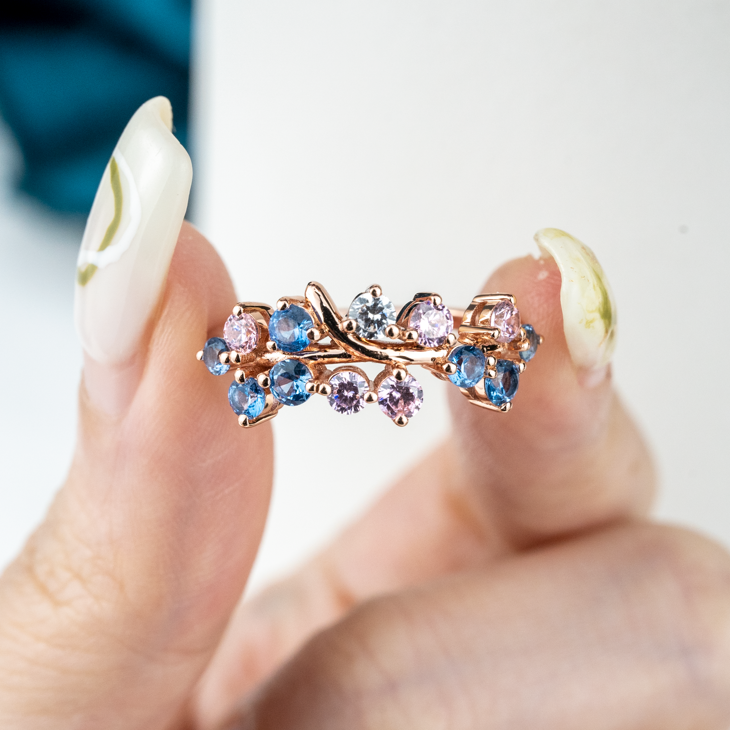 Colorful Gemstone Fantasy Engagement Ring With Moissanite.