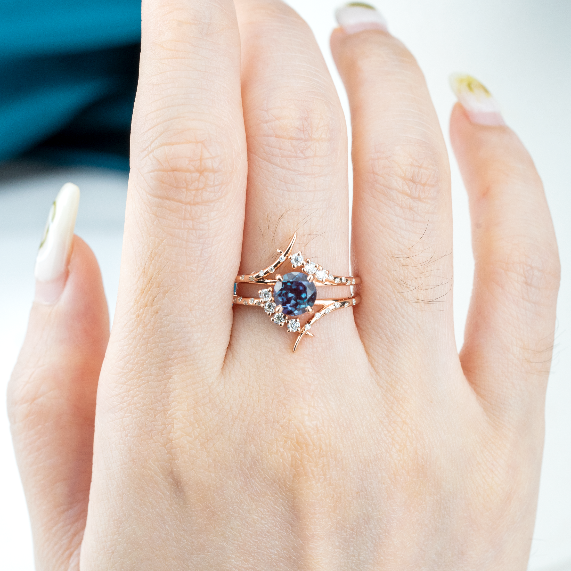 Round Lab Alexandrite Statement Ring With Moissanite.